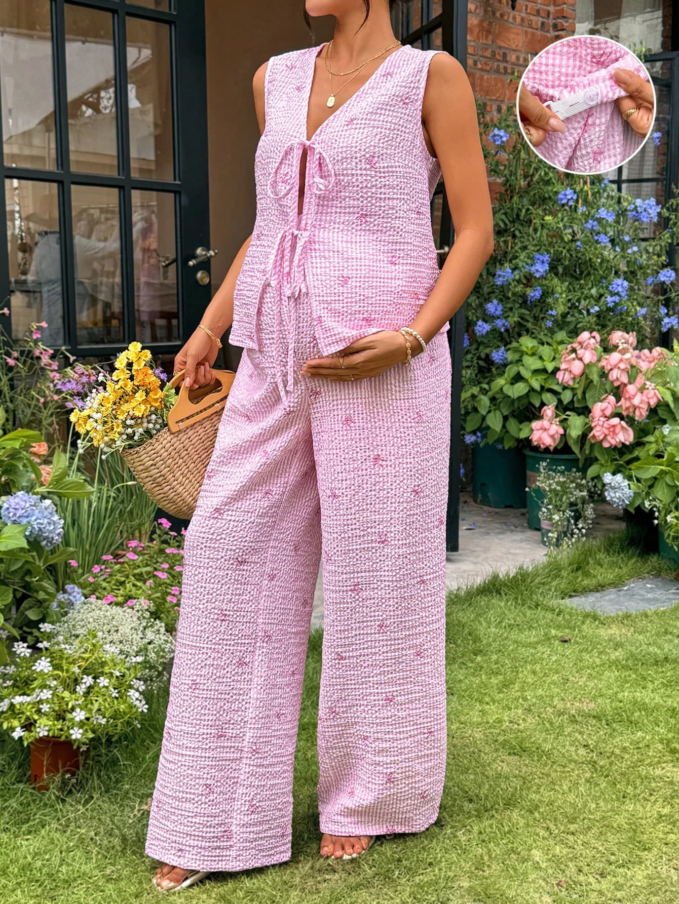 Lyckli 2pcs/Set Maternity Pink Striped Bow Print Blouse And Pants Suit,Summer Holiday Streetwear Women Clothes,Photoshoot Party Outfit Vacation