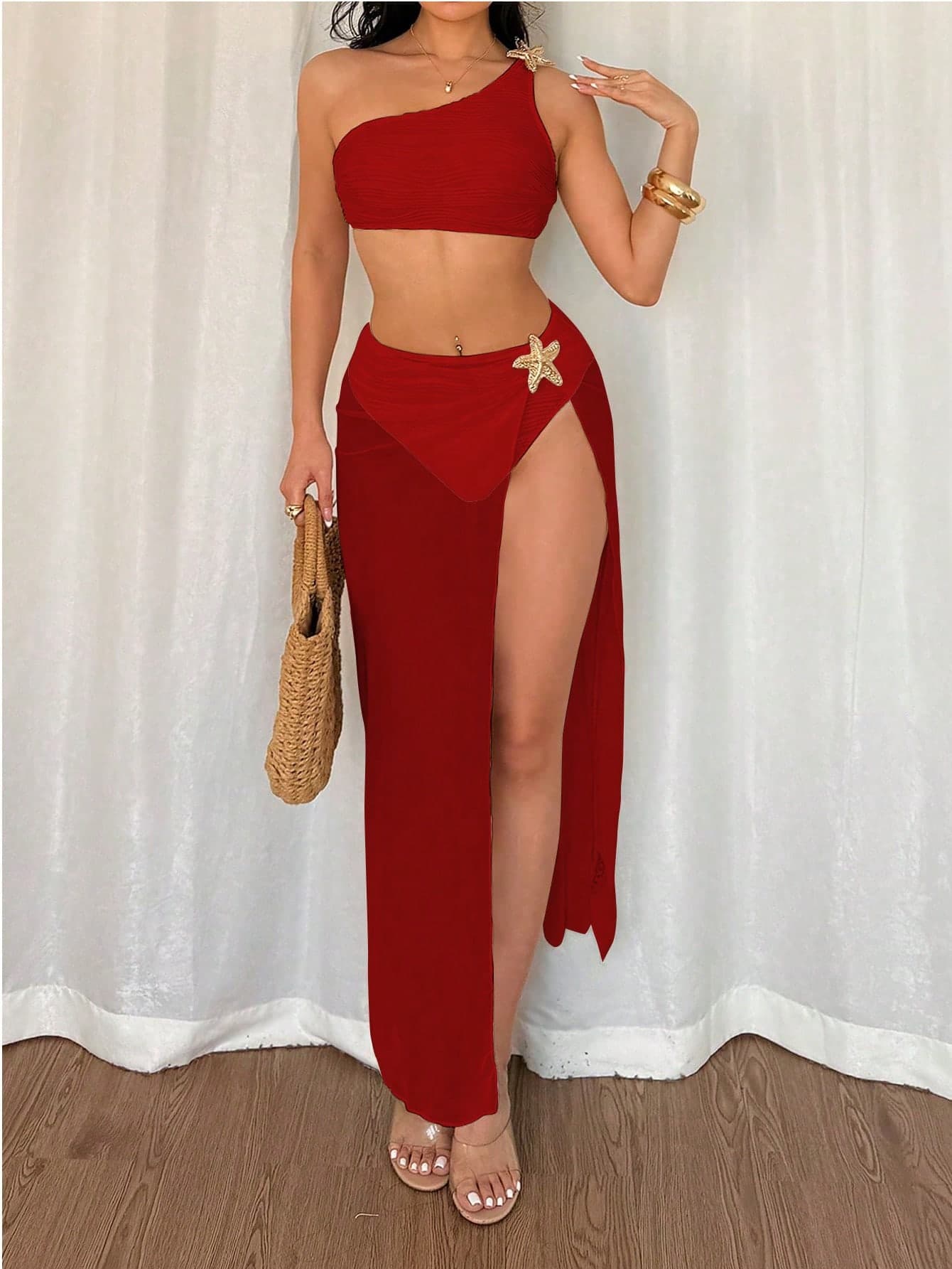 Swim Oasis Solid Wave One Shoulder Metal Starfish Accent Top & High Cut Pants & Mesh Starfish Accent Skirt Bikini Set, Perfect For Beach & Vacation For Summer