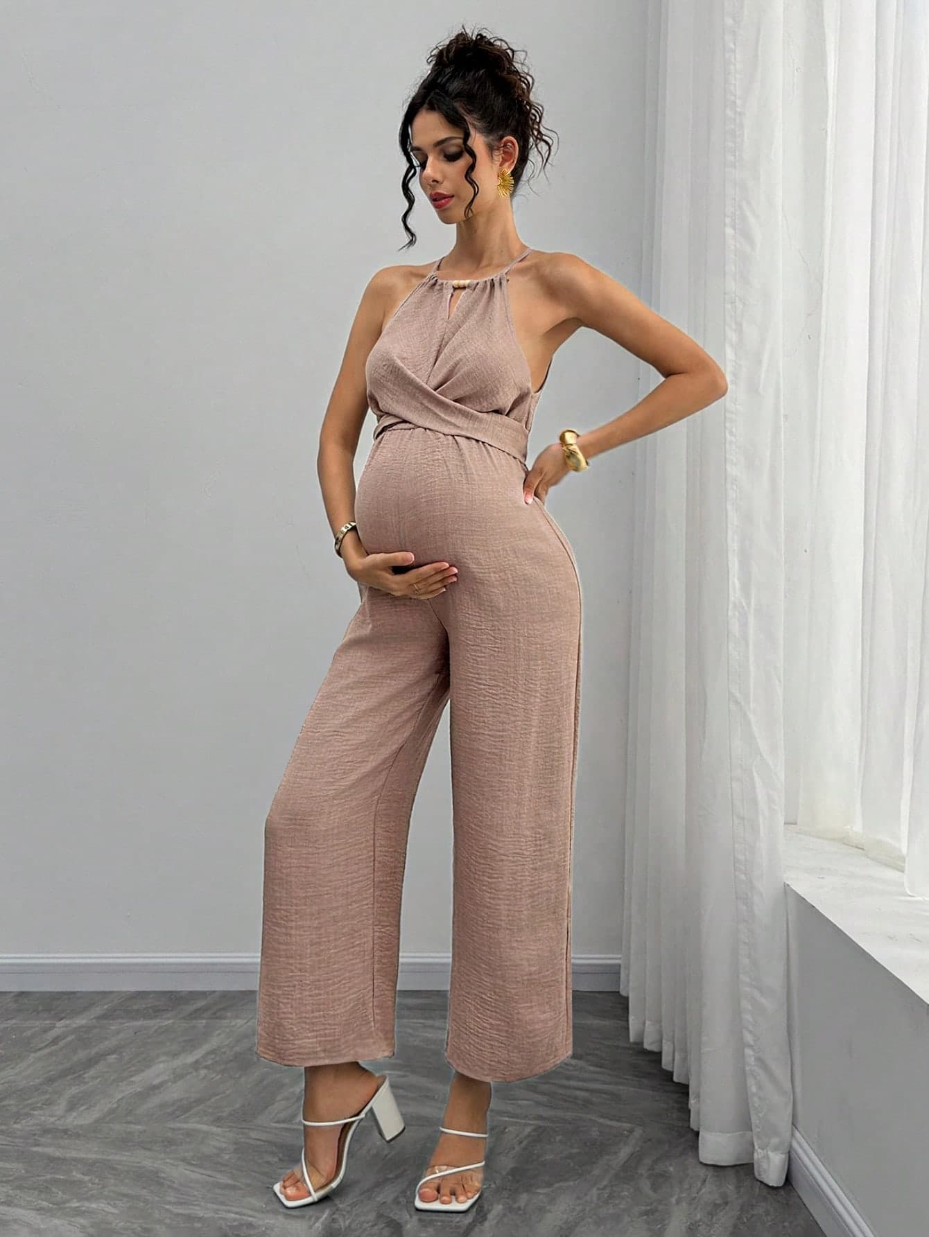 Momance Maternity Wooden Bead Neckline Tie Front & Bow Back One-Piece Long Pants