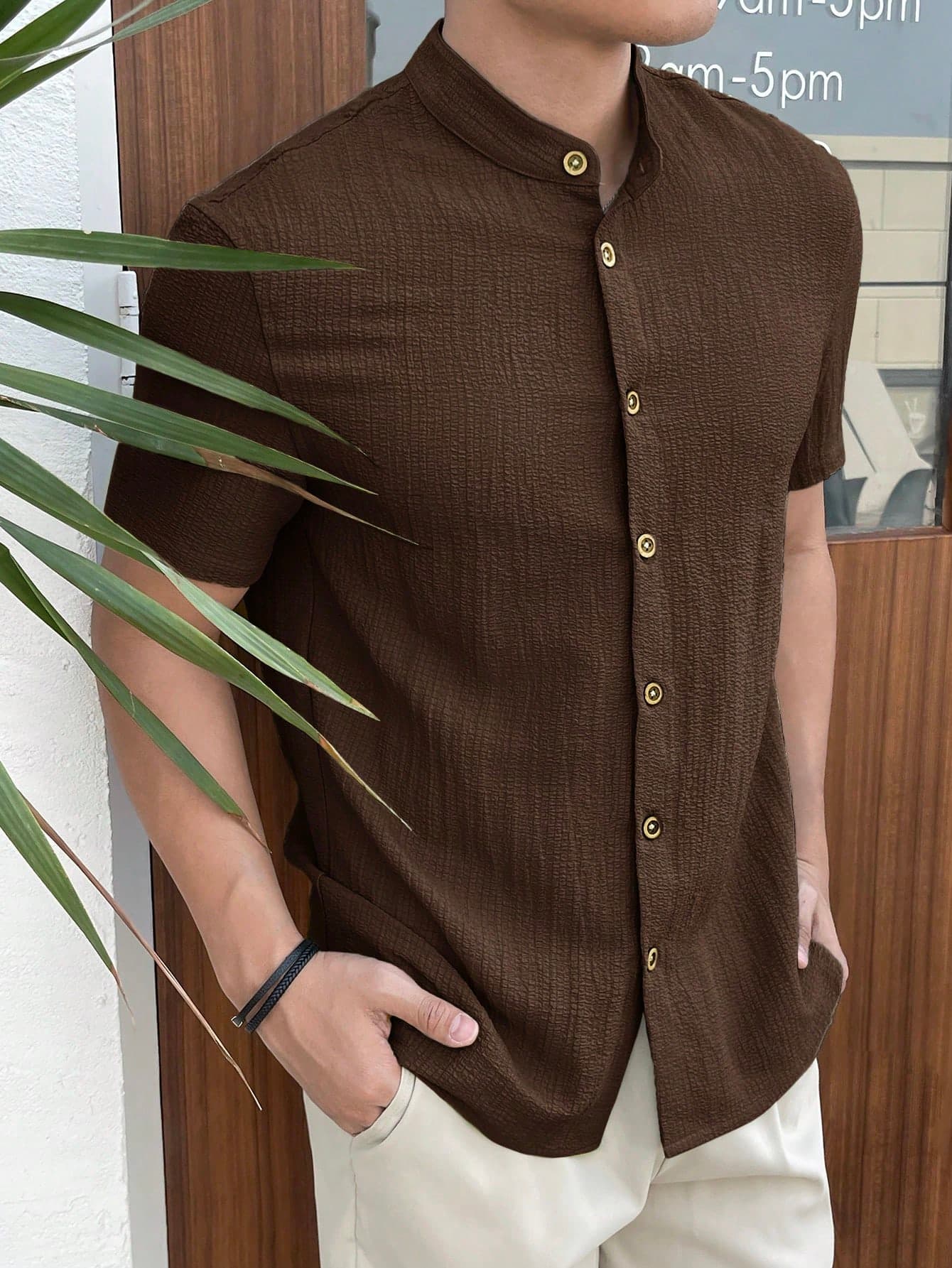 HIMLAND Men's Woven Casual Small Stand Collar Short Sleeve Brown Shirt Men Linen Shirt Dark Brown Shirt, Vacation, Father's Day Gifts