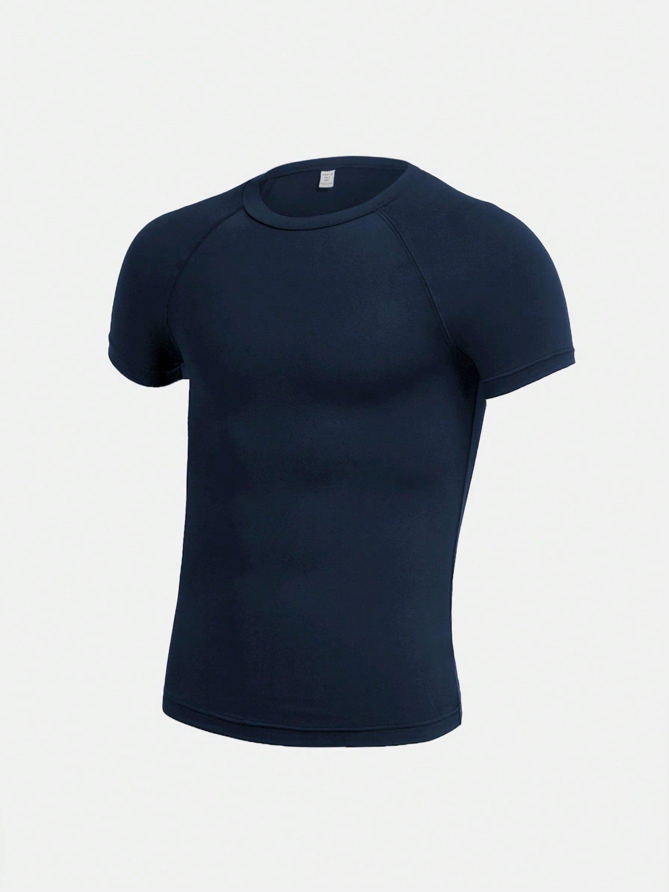 SHEIN Teen Boys' Navy Summer Gym Sports Compression T-Shirt,Casual Short Sleeve Sporty Street Punk Rock Preppy Style For Daily Wear,Party,Music Festival