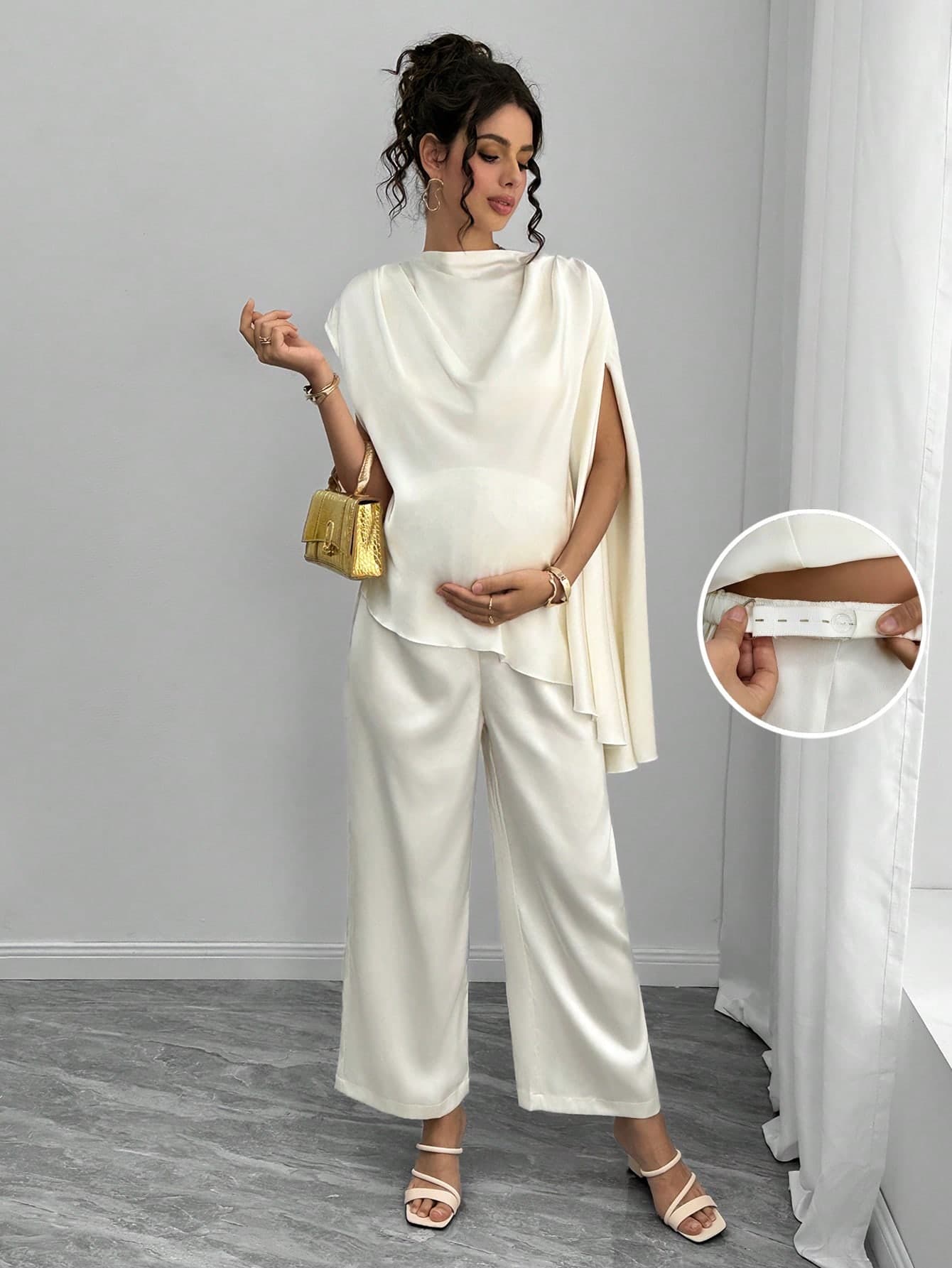 Momance Elegant Solid Color Maternity 2 Pieces Set - Satin Asymmetrical Hem Blouse With Straight Leg Pants, Sophisticated Fall