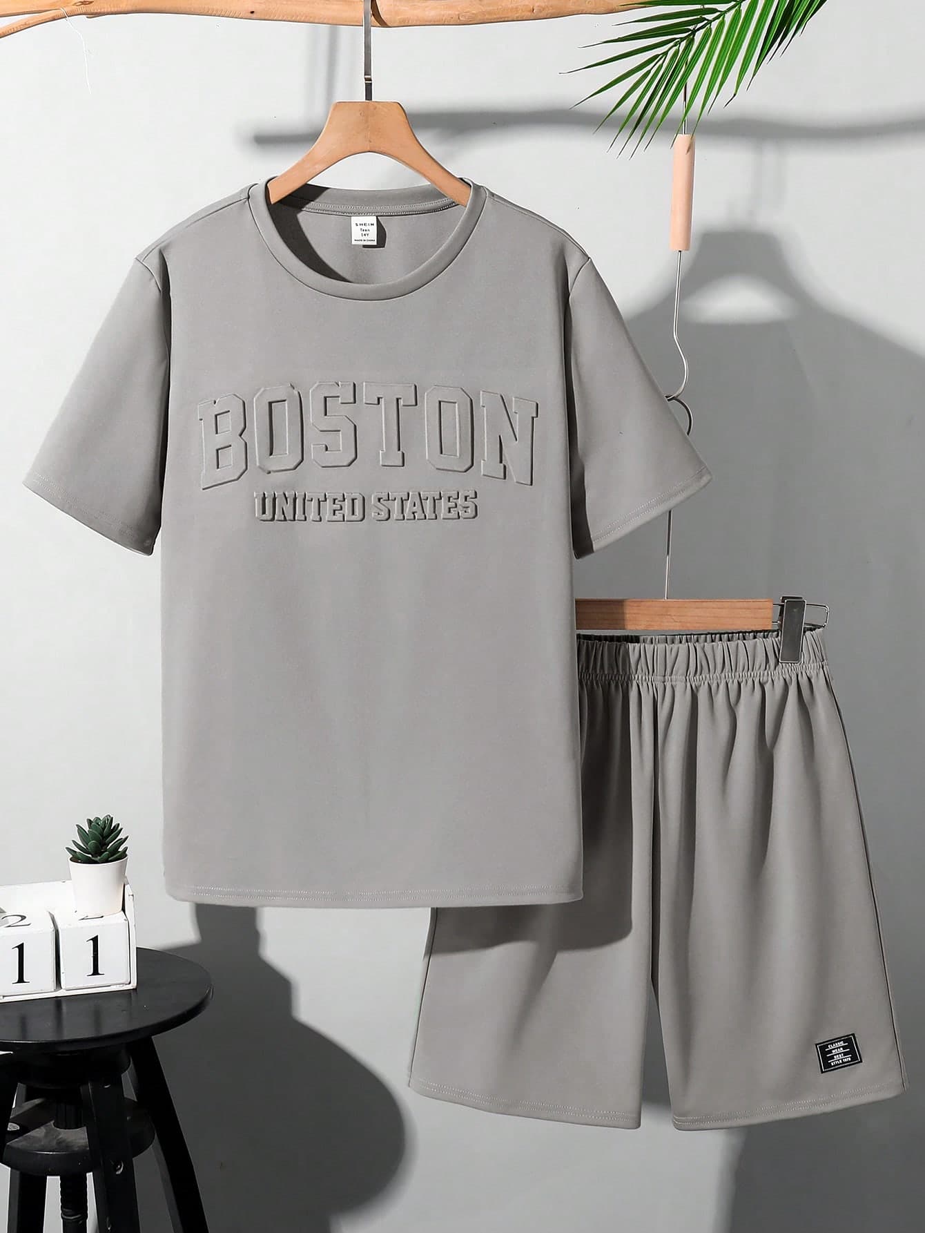 SHEIN 2pcs/Set Teen Boys 3D Letter Print T-Shirt & Shorts,Summer,Streetwear,Beach,Back-To-School Casual Round Neck Short Sleeve Outfit For School & Sports