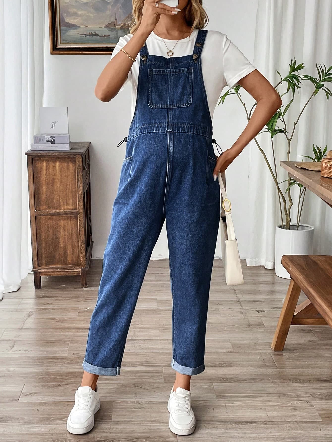 SHEIN Maternity Blue Simple Everyday Denim Cuff Overalls