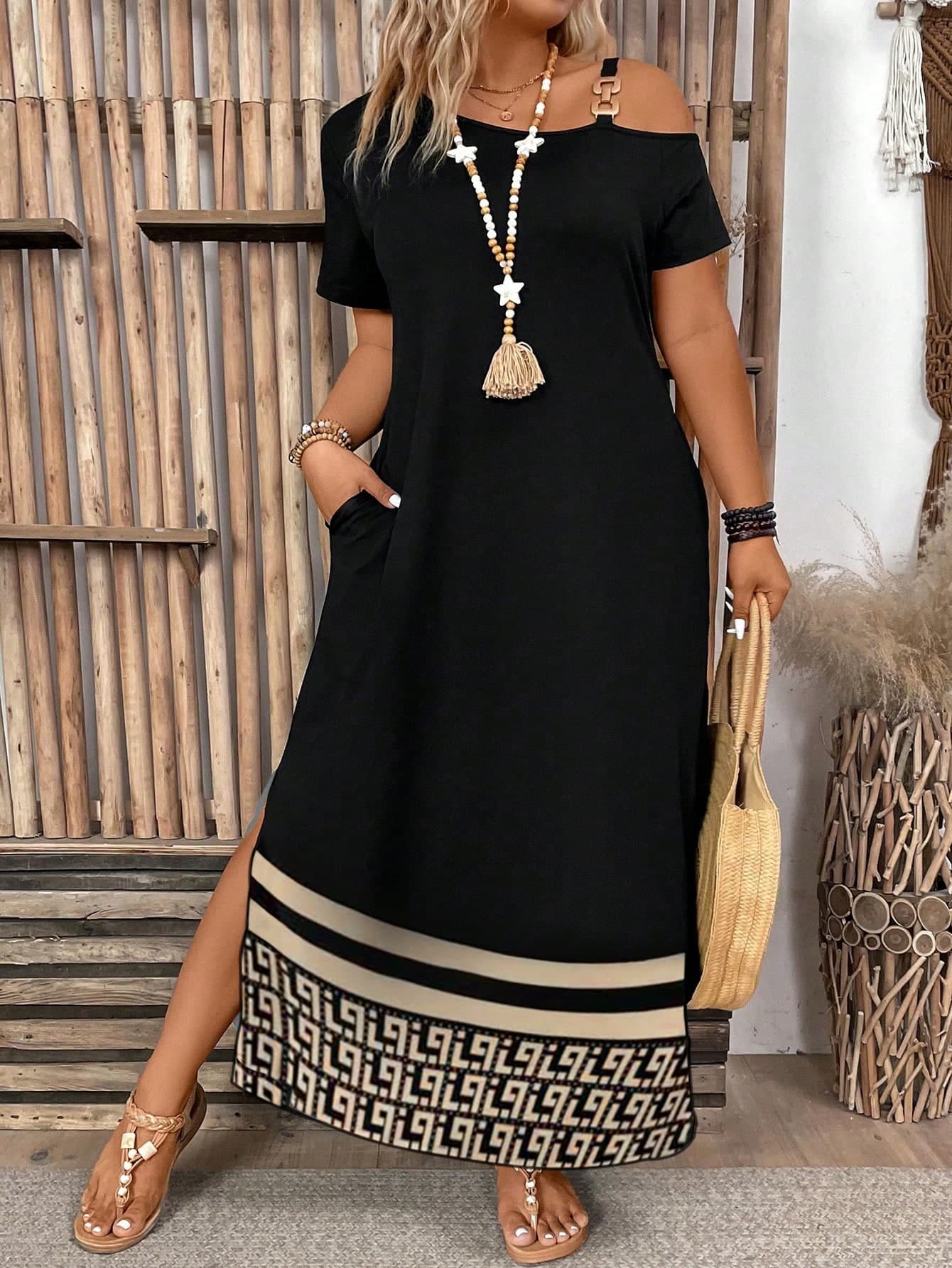 EMERY ROSE Plus Size Women Black Boho Floral Print Off Shoulder Maxi Dress,Summer Holiday Vacation Casual Long Dress For Ladies,Curve Plus Summer Clothes