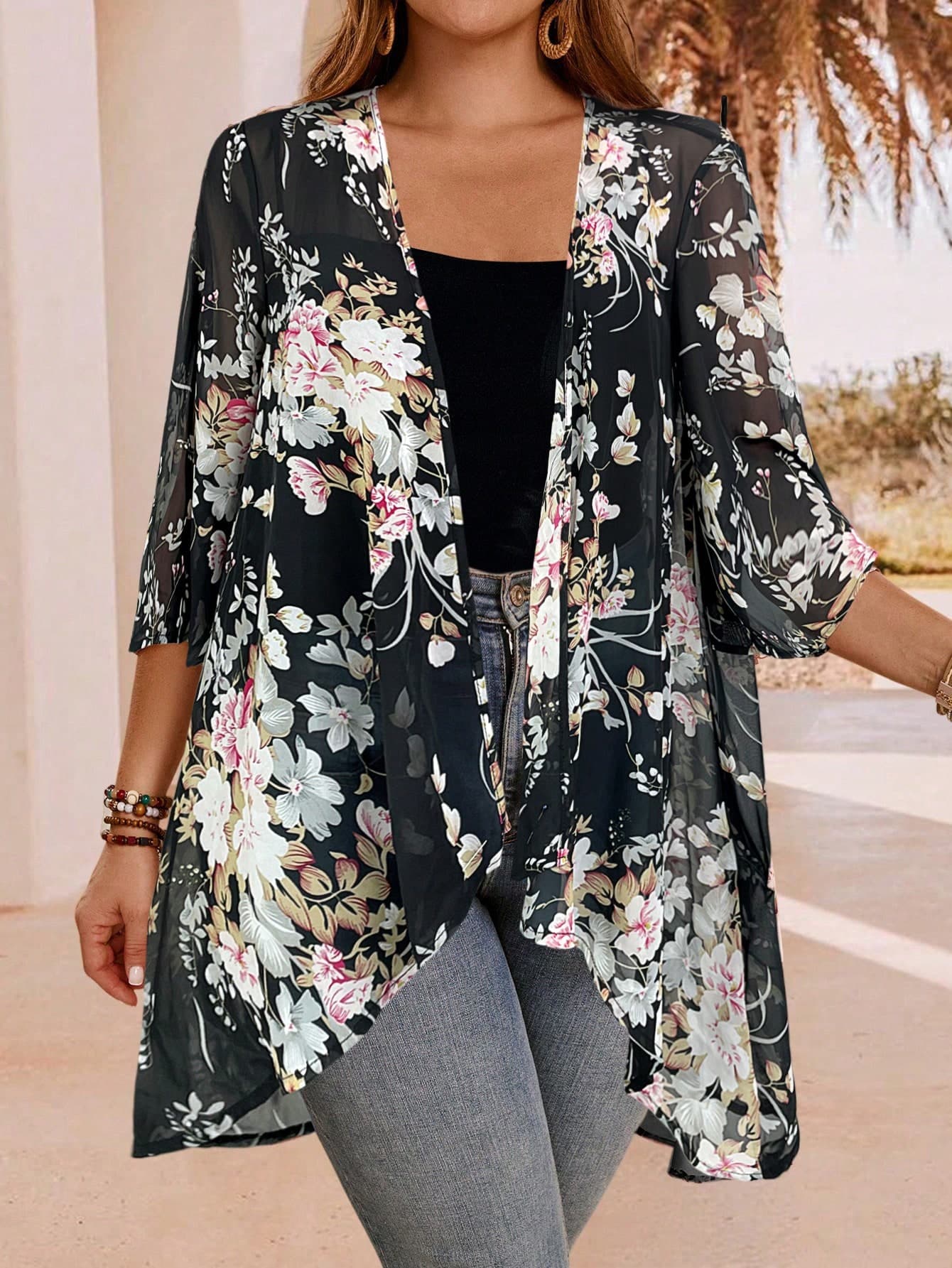 EMERY ROSE Plus Size Black And Red Tropical Holiday Elegant Asymmetrical Hem Front Open Lightweight Summer Jacket,Country Casual Vacation Outfits Woman,Western
