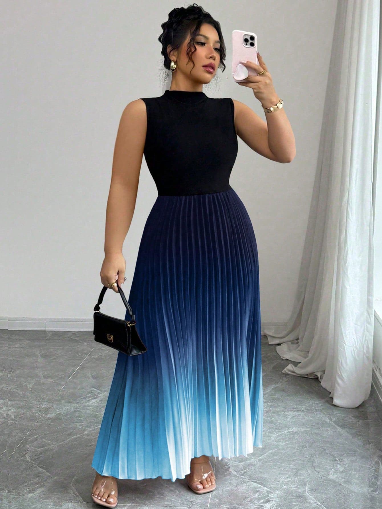 Elenzga Sleeveless High Neck Pleated Gradient Floral Print Plus Size Dress