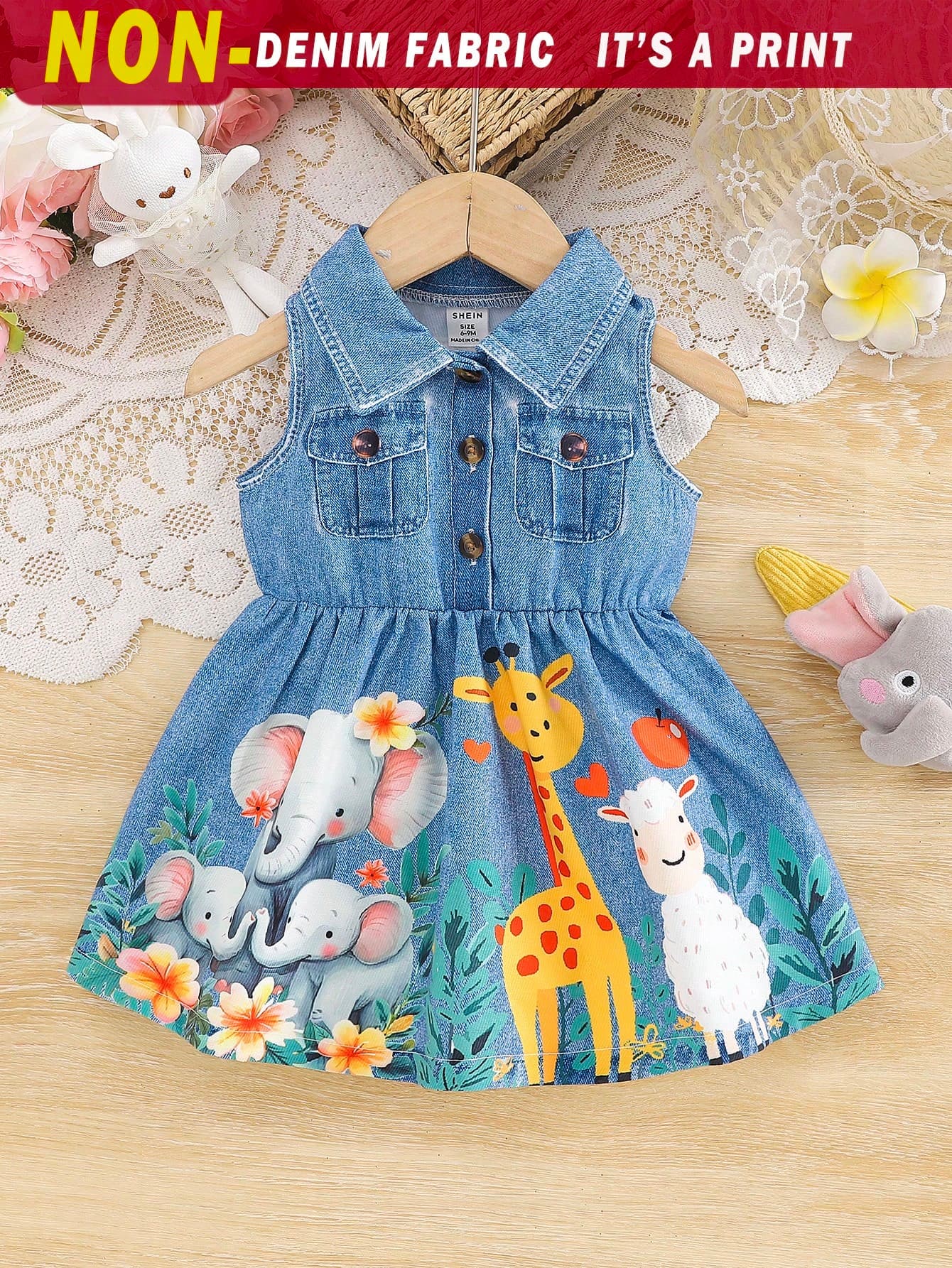 SHEIN 1pc Baby Girls Turndown Collar Sleeveless Denim Print Cartoon Animal Graphic Blouson Dress Baby Blue Summer Casual Cute School Back-To-School