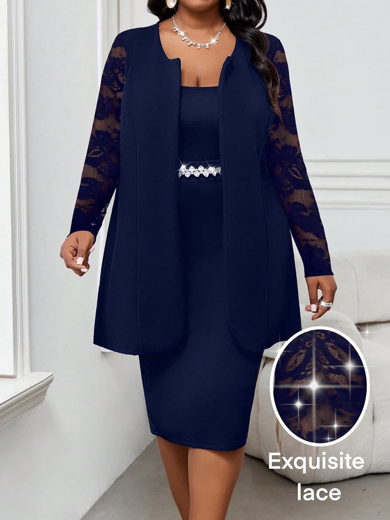 SHEIN Lady Plus Size  Women Plus Size Navy Blue Coat Contrast Lace Royal Blue Business Casual Woman Teacher Coat For Women Winter Fall Autumn Valentine's Day