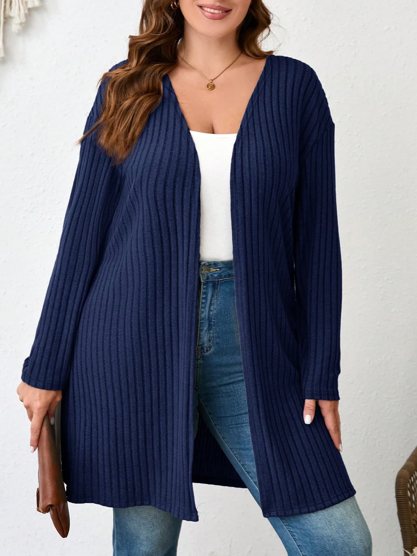 Comfylo Plus Size Plain Color Ribbed Knit Cardigan For Spring And Autumn Winter Clothes,Fall Women Clothes,Fall Clothes For Women