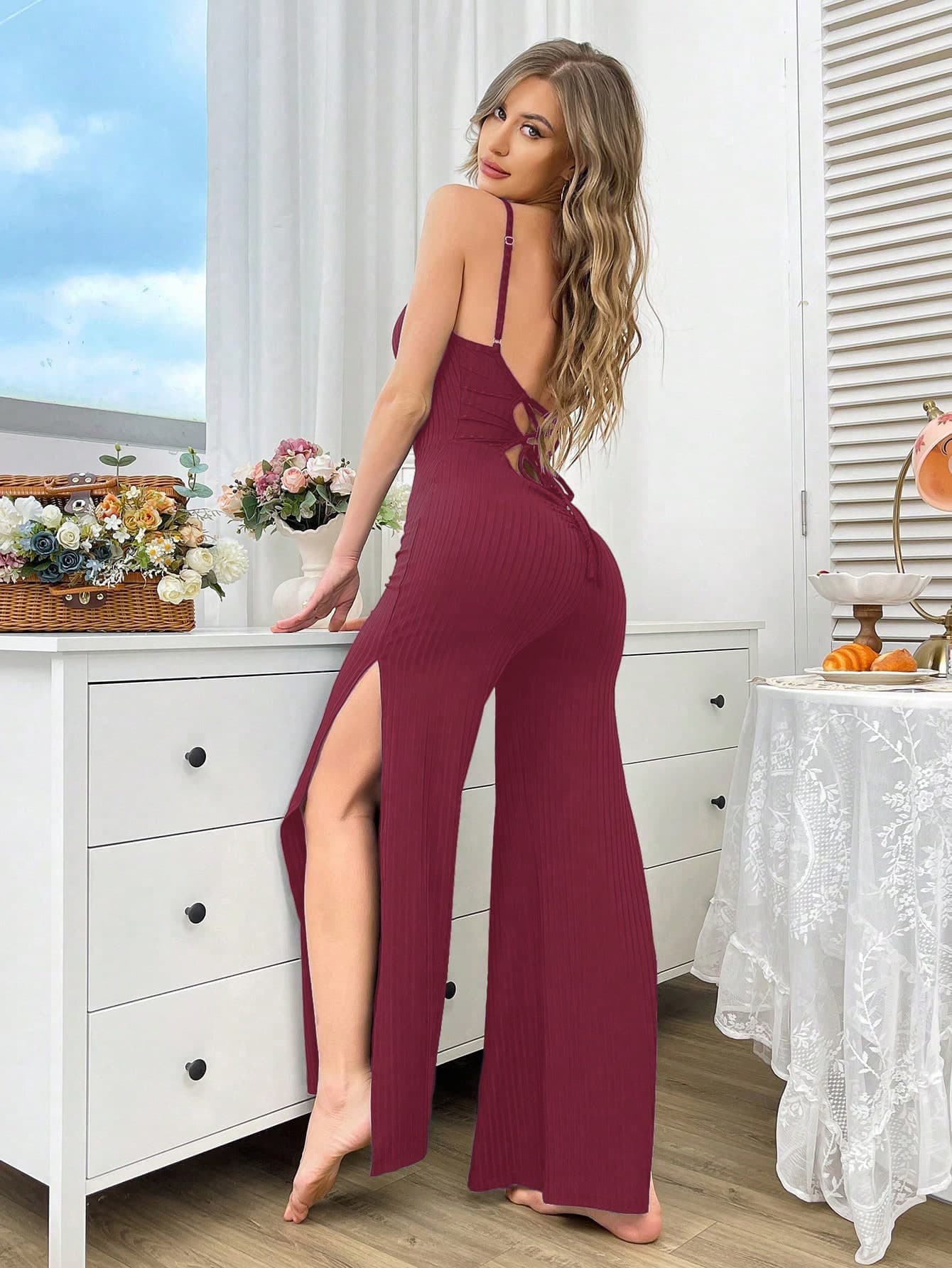 SHEIN Women's Strap Rib Jumpsuit Home Wear