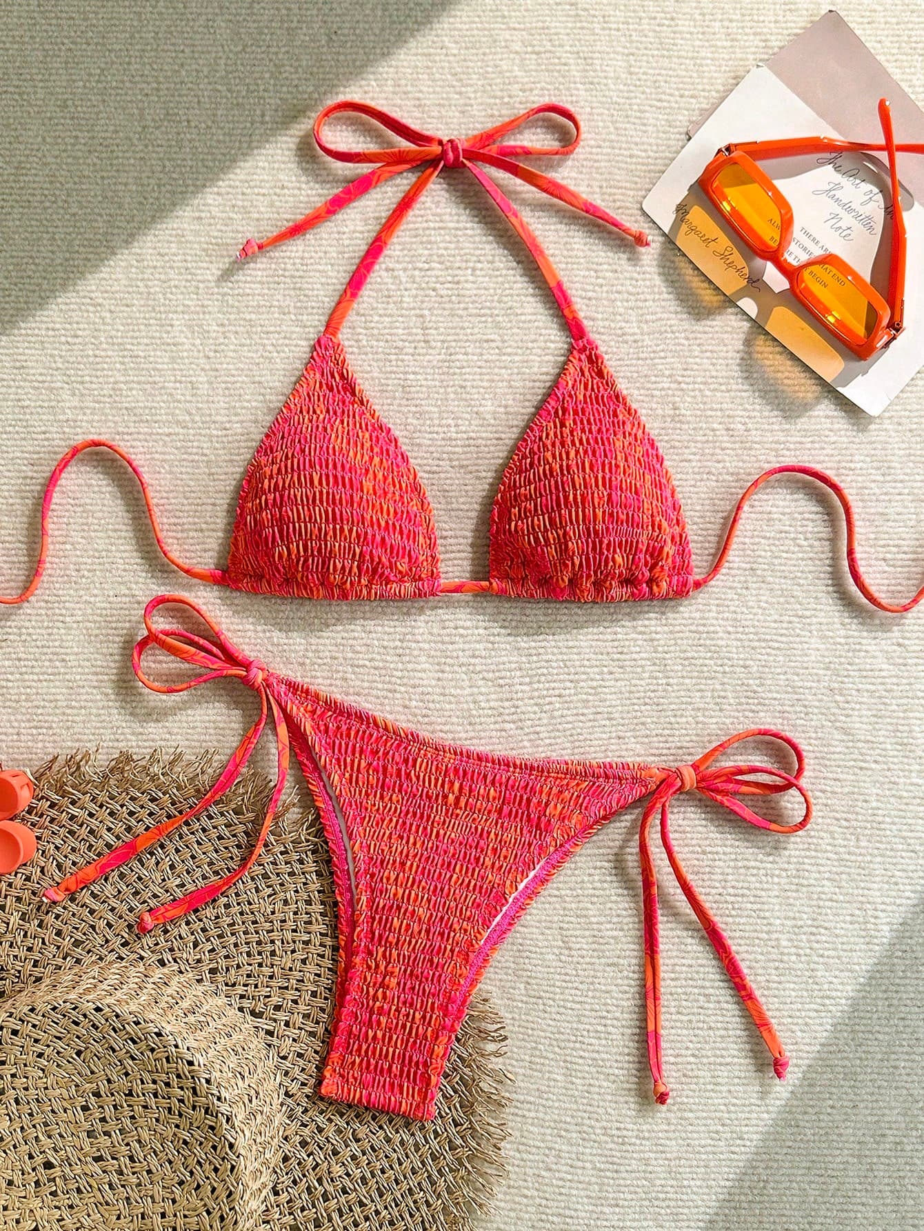 Swim Vcay Women's Ruched Tropical Print Halter Neck Tied Swimwear And Bikini Set, Summer Beach Vacation