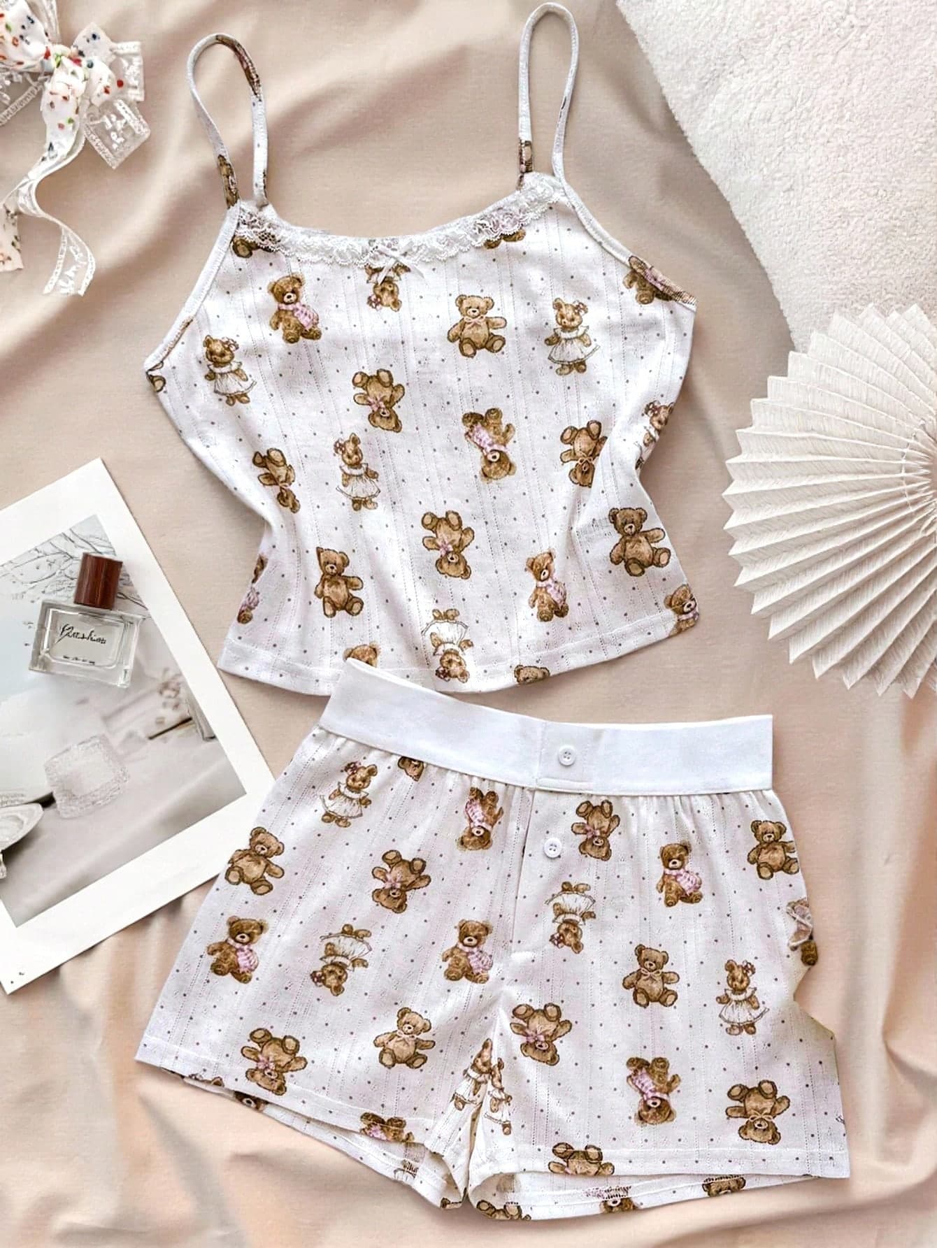 Tween Girls Cute White Polyester Tank Top And Short Co-Ords With Full Print Plants Pattern And Spaghetti Strap
