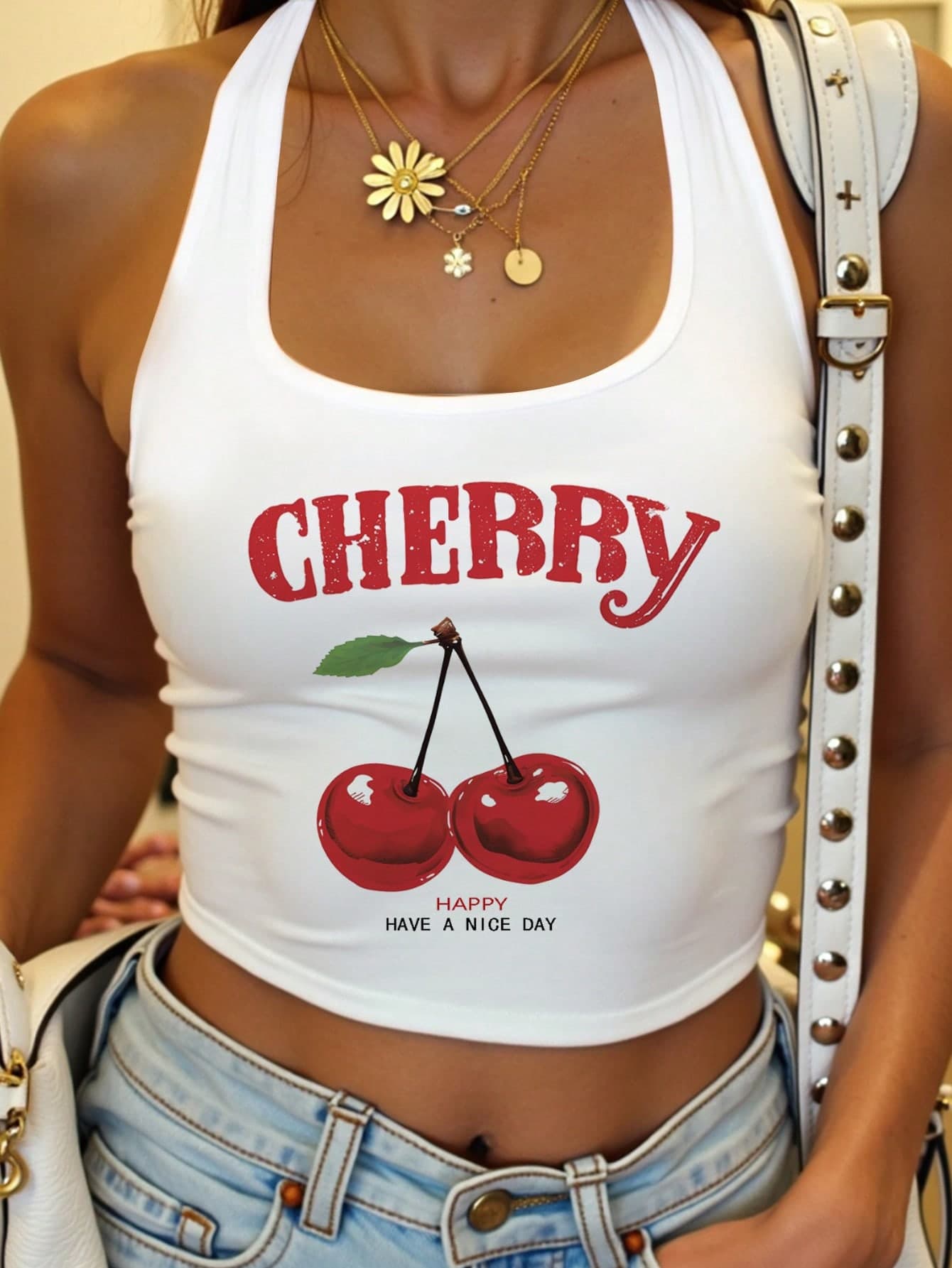 SHEIN EZwear Women's Casual Minimalist Cherry Pattern Halter Crop Top, Suitable For Summer Graphic Tee Suitable For Going Out