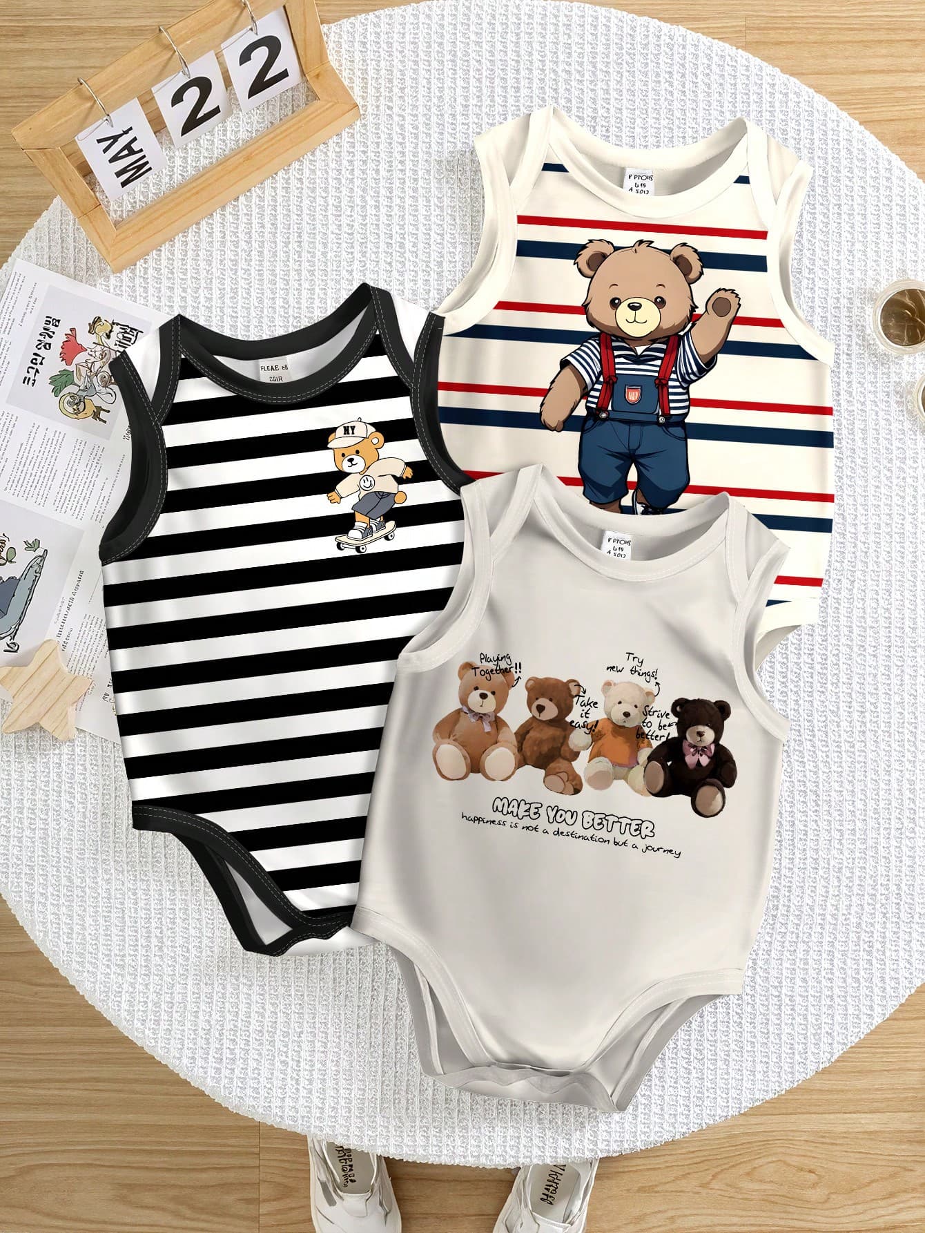 SHEIN 3pcs/Set Teddy Bear Design Cute Casual Solid Color Round Neck Short Sleeve Bodysuit Suit For Baby Boy/Girl,Suitable Summer Clothes Boy Newborn Infant