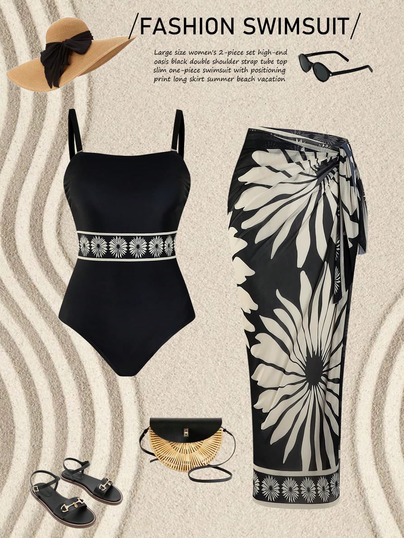 Swim Oasis 2pcs Plus Size Women High-End Black Camisole One Piece Swimsuit & Printed Maxi Skirt Set,Modest Elegant Formal Evening Holiday Summer Beach Outfit