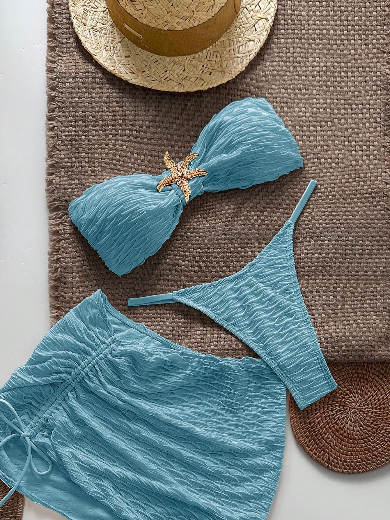 Swim Vcay 3pcs Textured Strapless Starfish Bikini Sexy Swimwear Set For Summer Beach Vacation