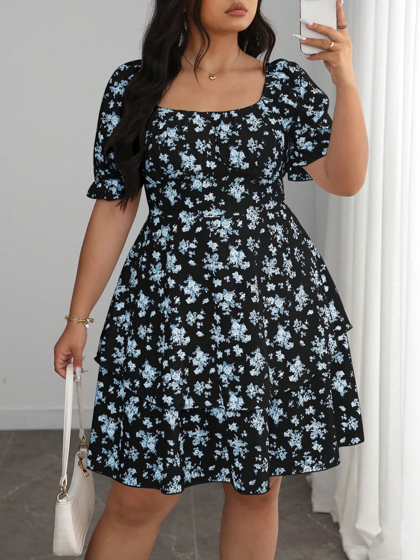 Elenzga Plus Size Women Brown Summer Boho Cute Everyday Vacation Elegant Floral Print Double Ruffle Hem Bubble Sleeve Dress Short Sun Dress For Work Gym