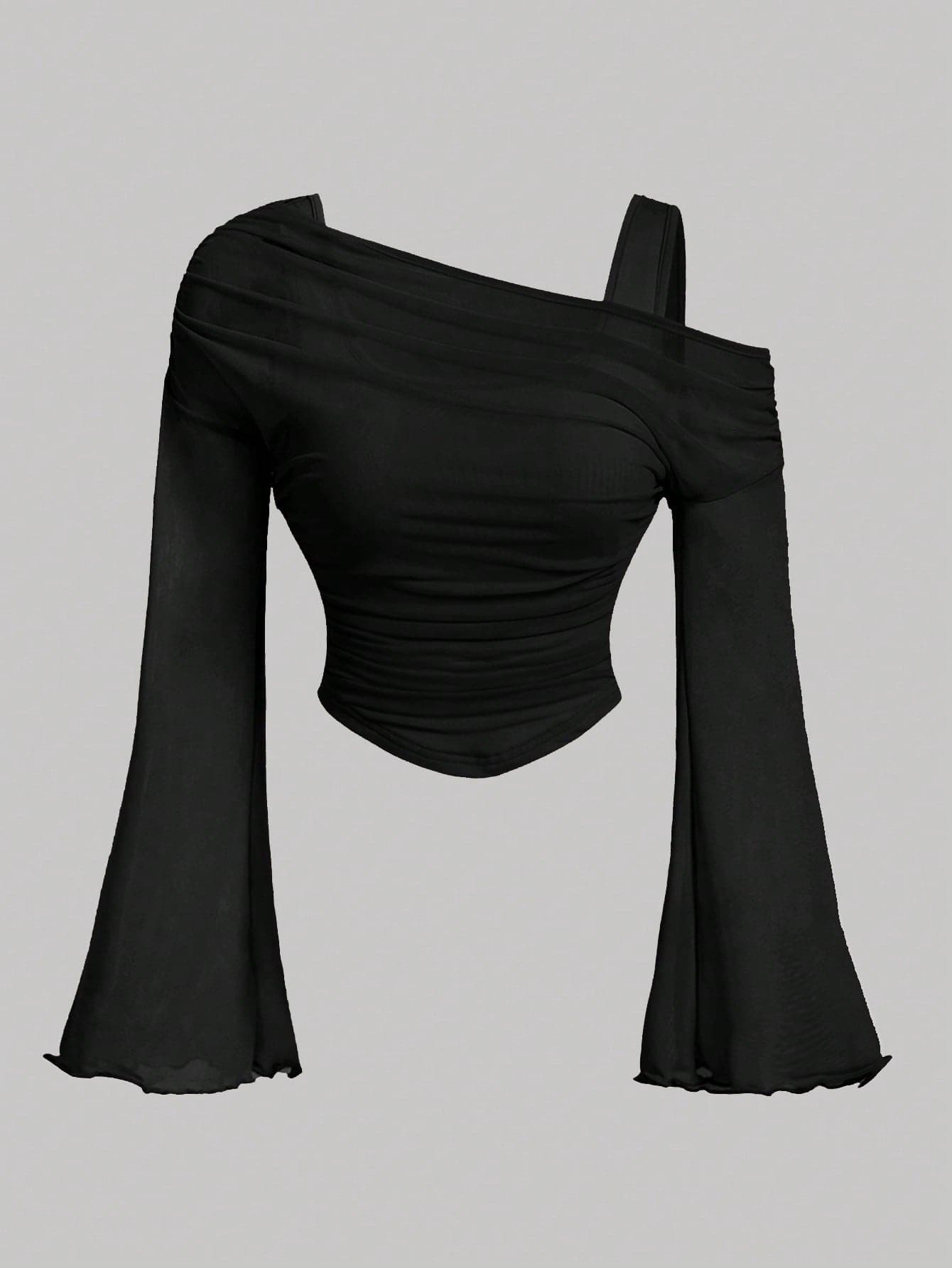 Girlism Kids Teen Girl's Black Off-The-Shoulder Mesh Flared Sleeve Long-Sleeved Top,Retro Elegant Asymmetrical Crop Top,Autumn Rave Cargo Style Western Tops