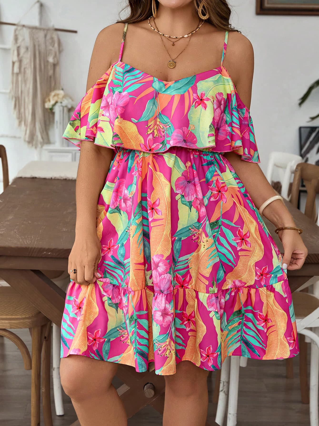 SHEIN VCAY Plus Size Colorful Print Spaghetti Strap Dress