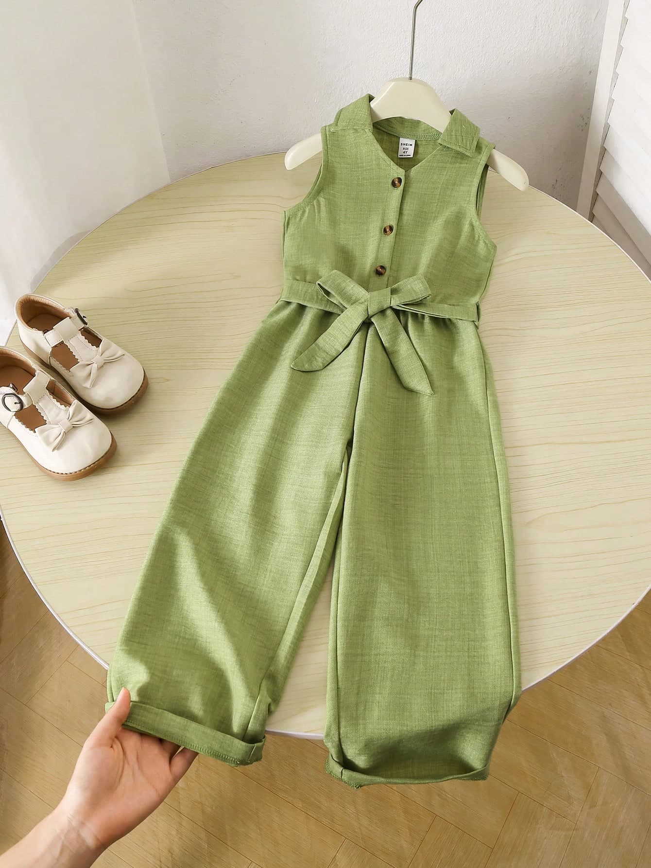 Genkimix Kids Girls' Sage Green Summer Elegant Matching Family Vacation Jumpsuit,Collared Button-Up Belted Soft Crinkle Denim Look Pants For Outings,Daily Wear