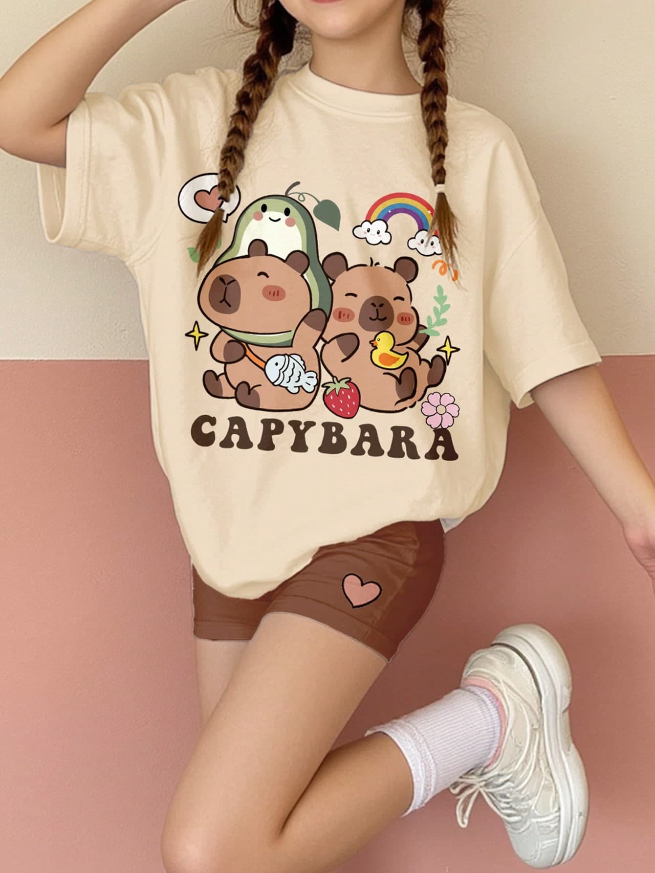 SHEIN 2pcs/Set Teen Girls'' Cute Capybara Pattern, Pastel Color Casual Minimalist Short Sleeve Loose T-Shirt And Bike Shorts For Summer