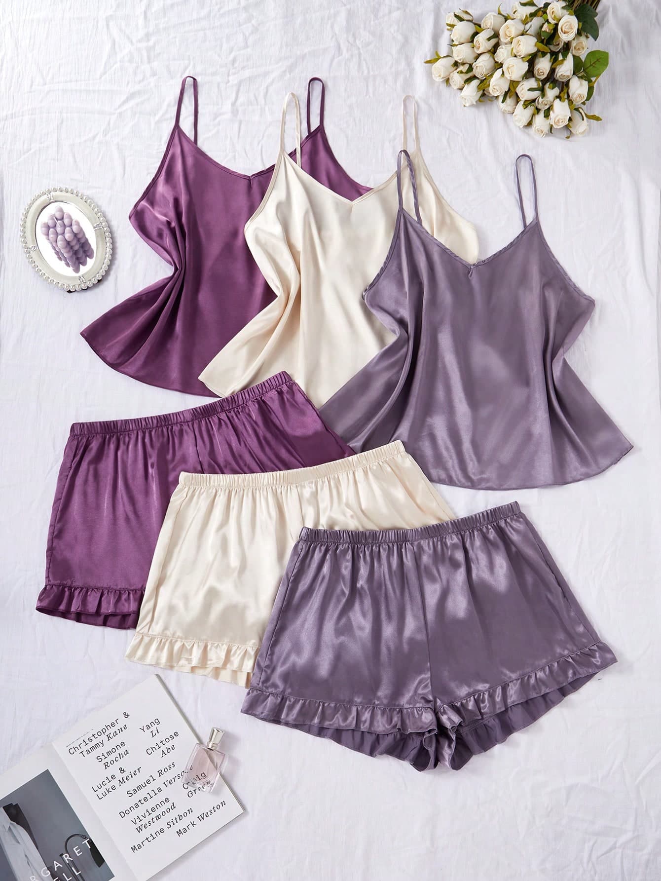 6pcs Sleepwear Set: Solid Color Faux Silk Camisole And Shorts, Plus Size