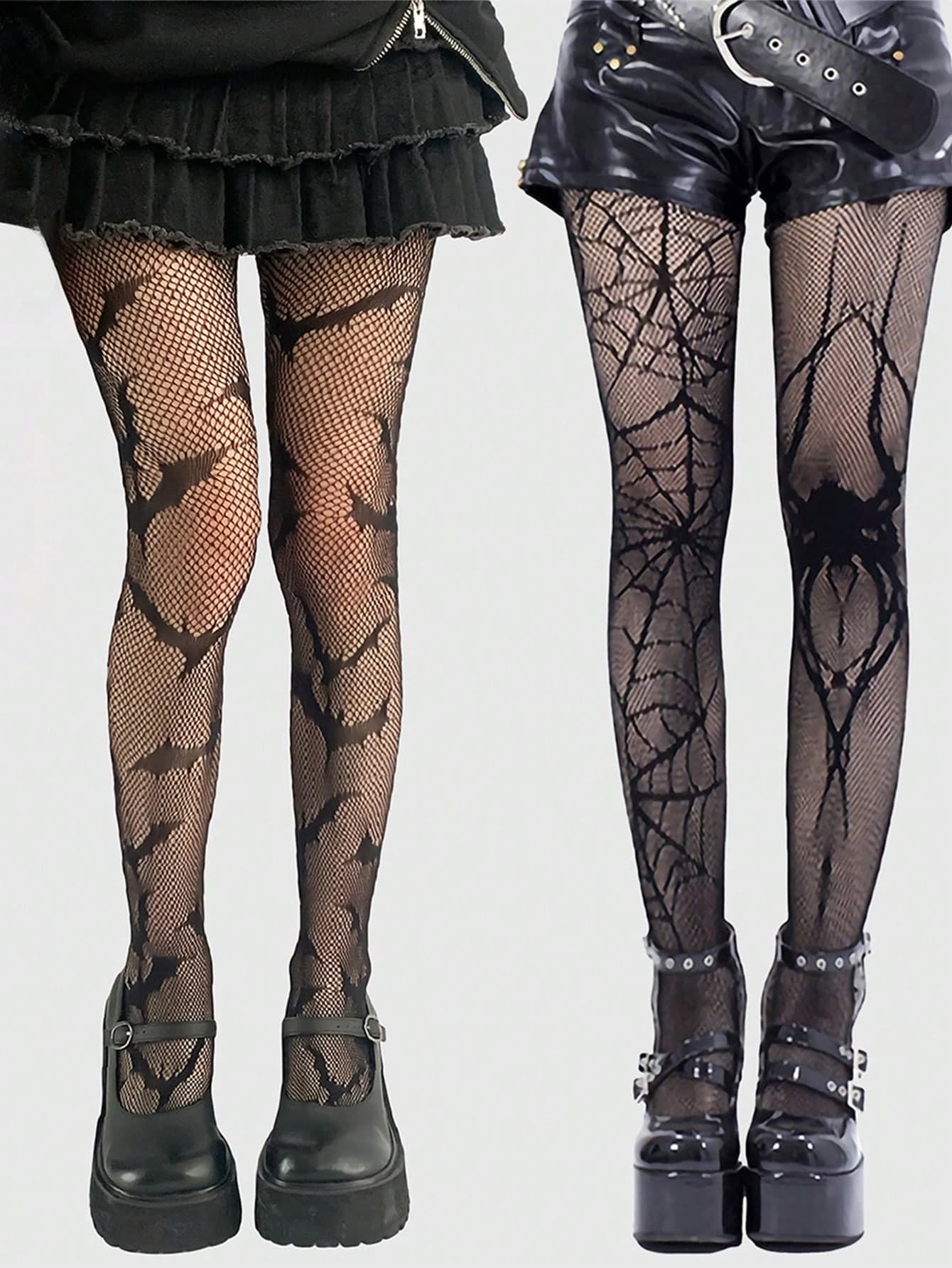 ROMWE Goth 2 Pairs Spider & Bat Design Fishnet Pantyhose, Halloween