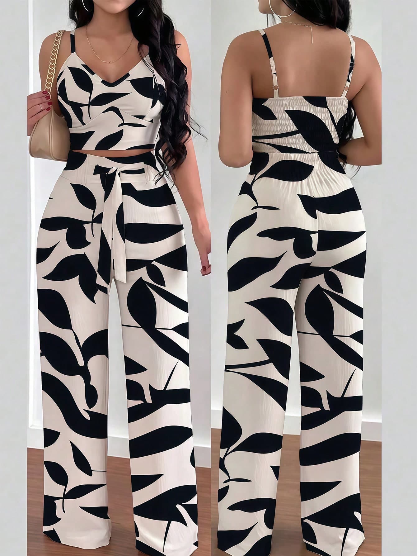 INAWLY 2pcs Plus Size Women Floral Print Spaghetti Strap Elastic Waist Tied Bow Jumpsuit
