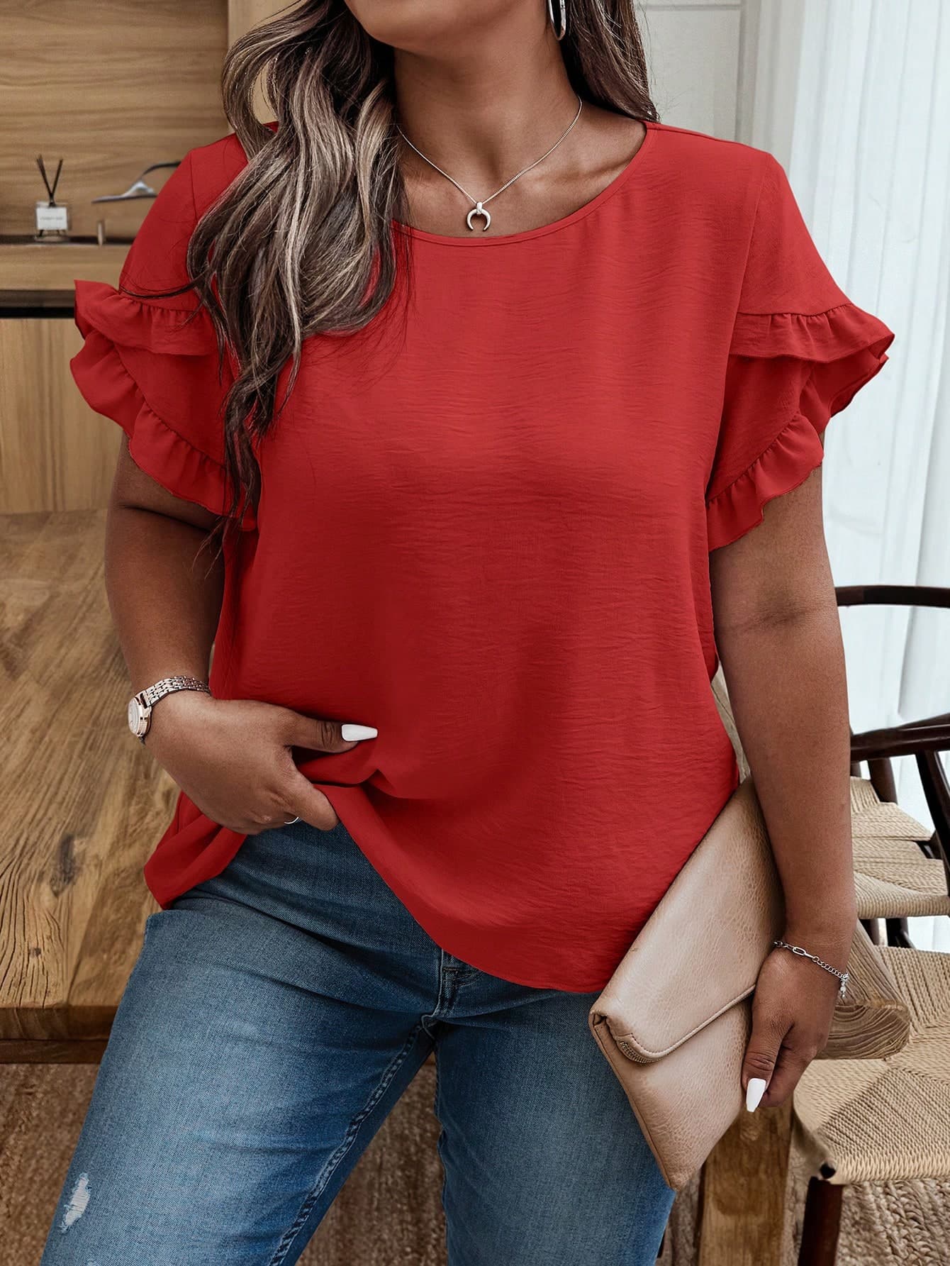 Weeklong Plus Size Summer Solid Color Ruffle Edge Cap Sleeve Blouse For New Year Clothes
