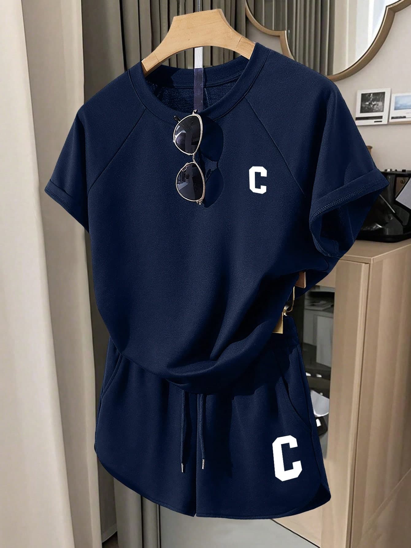 INAWLY Women's Casual Letter Print T-Shirt And Shorts 2-Piece Set, Summer