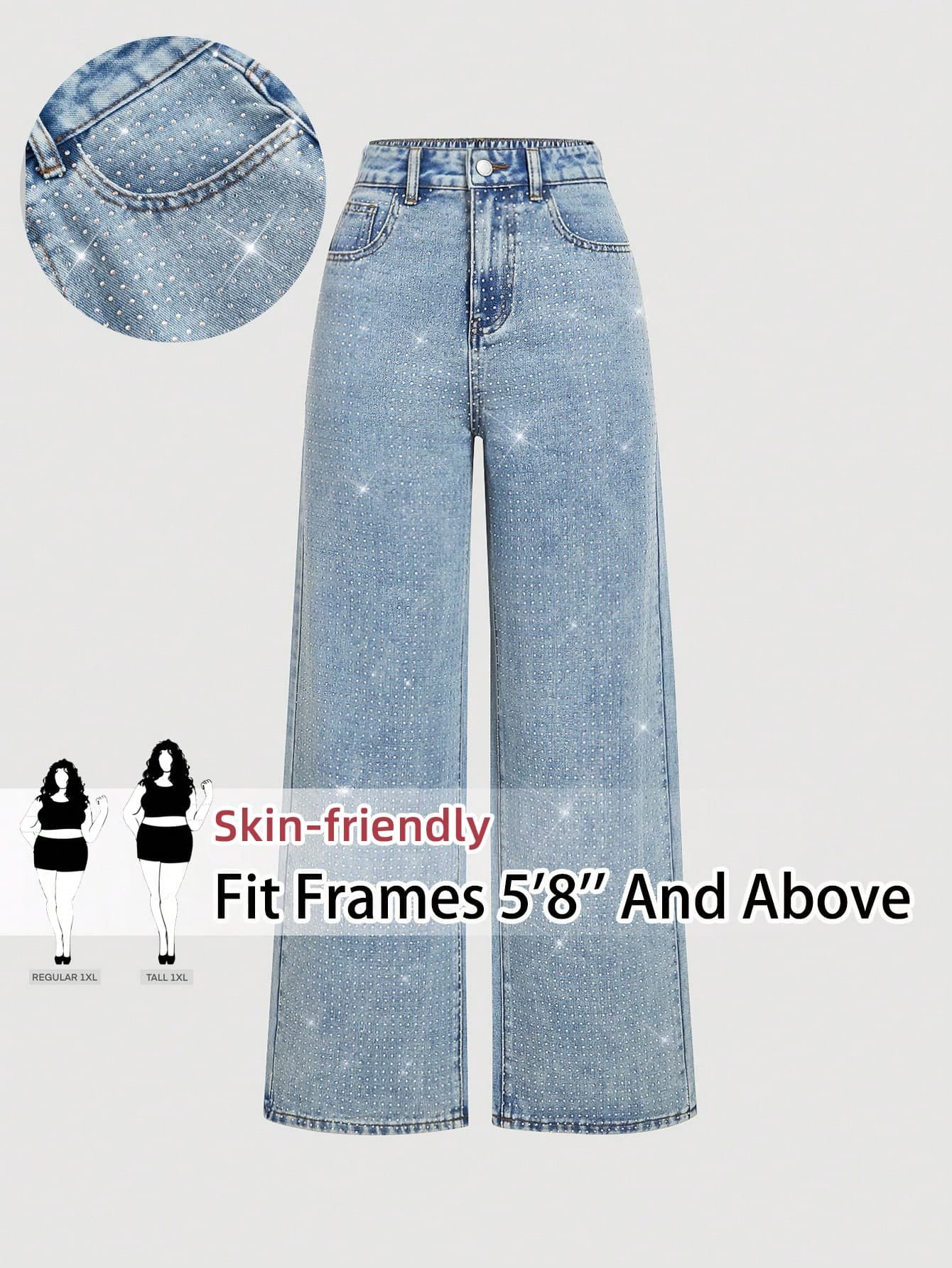 SHEIN Tall CURVE Tall CURVE Plus Size Women Rhinestone Embellished Blue Wide Leg Rhinestone Jeans Tall Jeans Valentine's Day