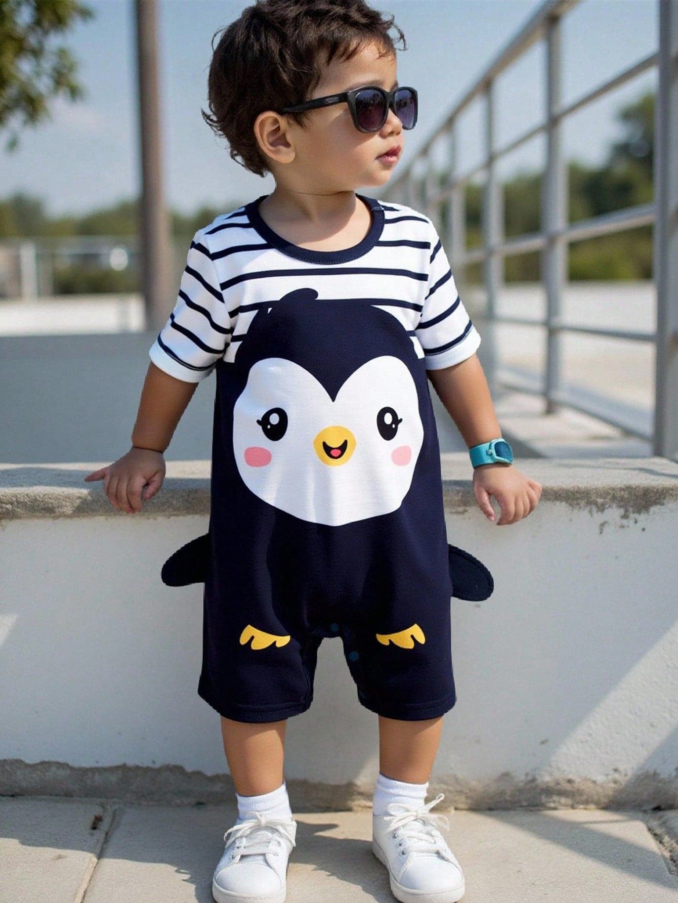 Baby Boy Cartoon Penguin Print Color Block Round Neck Short Sleeve Romper,Kids
