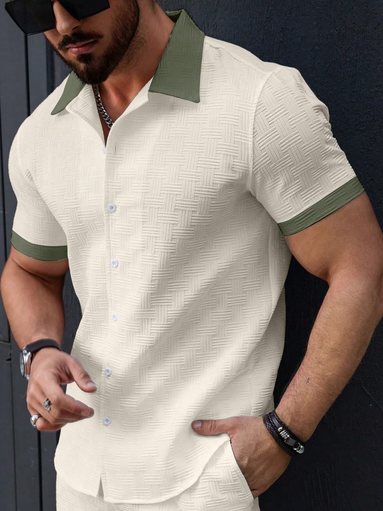 Manfinity Homme Men's Summer Contrast Color Single-Breasted Casual/Office Short Sleeve Shirt, Formal