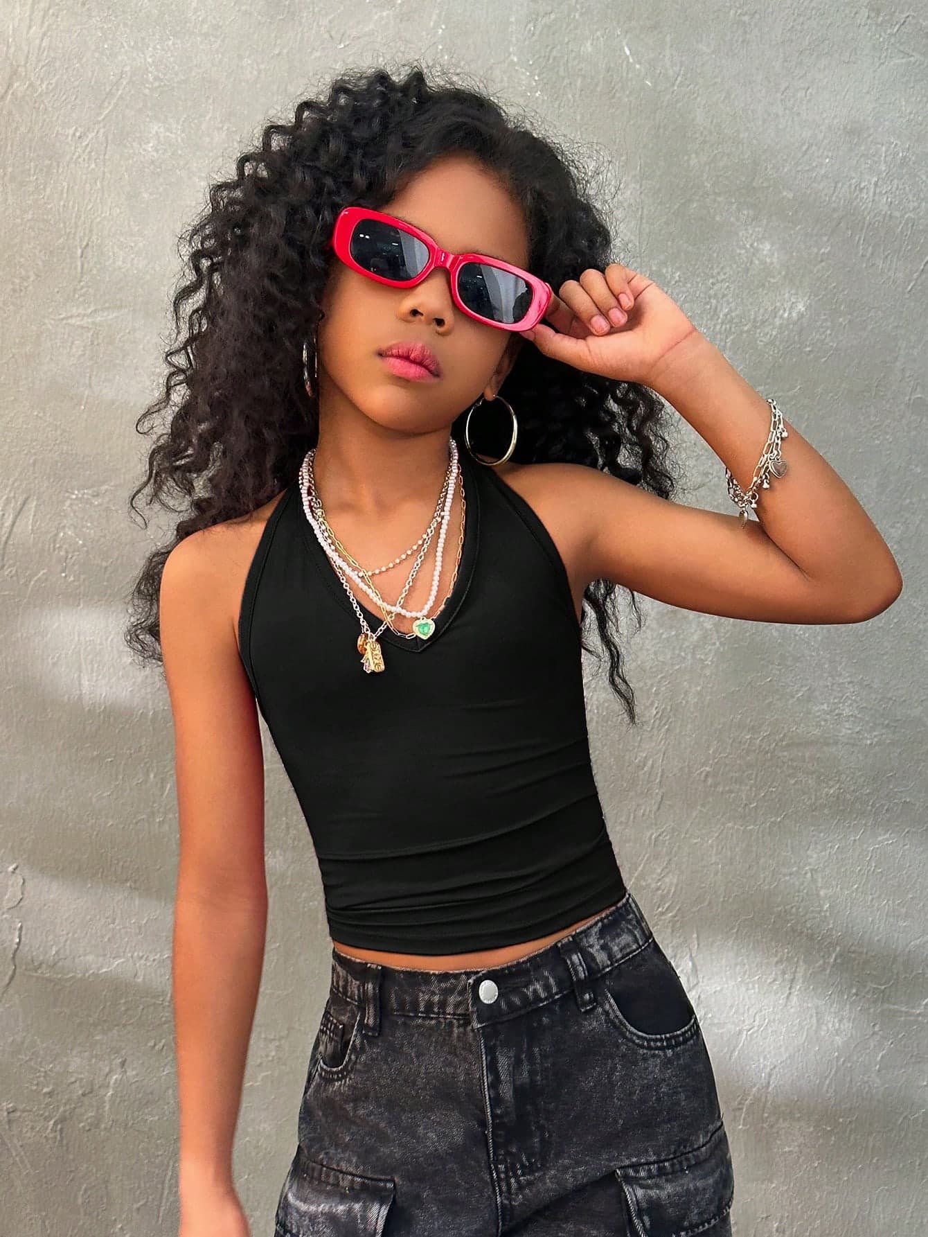 Coolane Kids Tween Girls Spring/Summer Streetwear V-Neck Solid Color Backless Vacation Tank Top