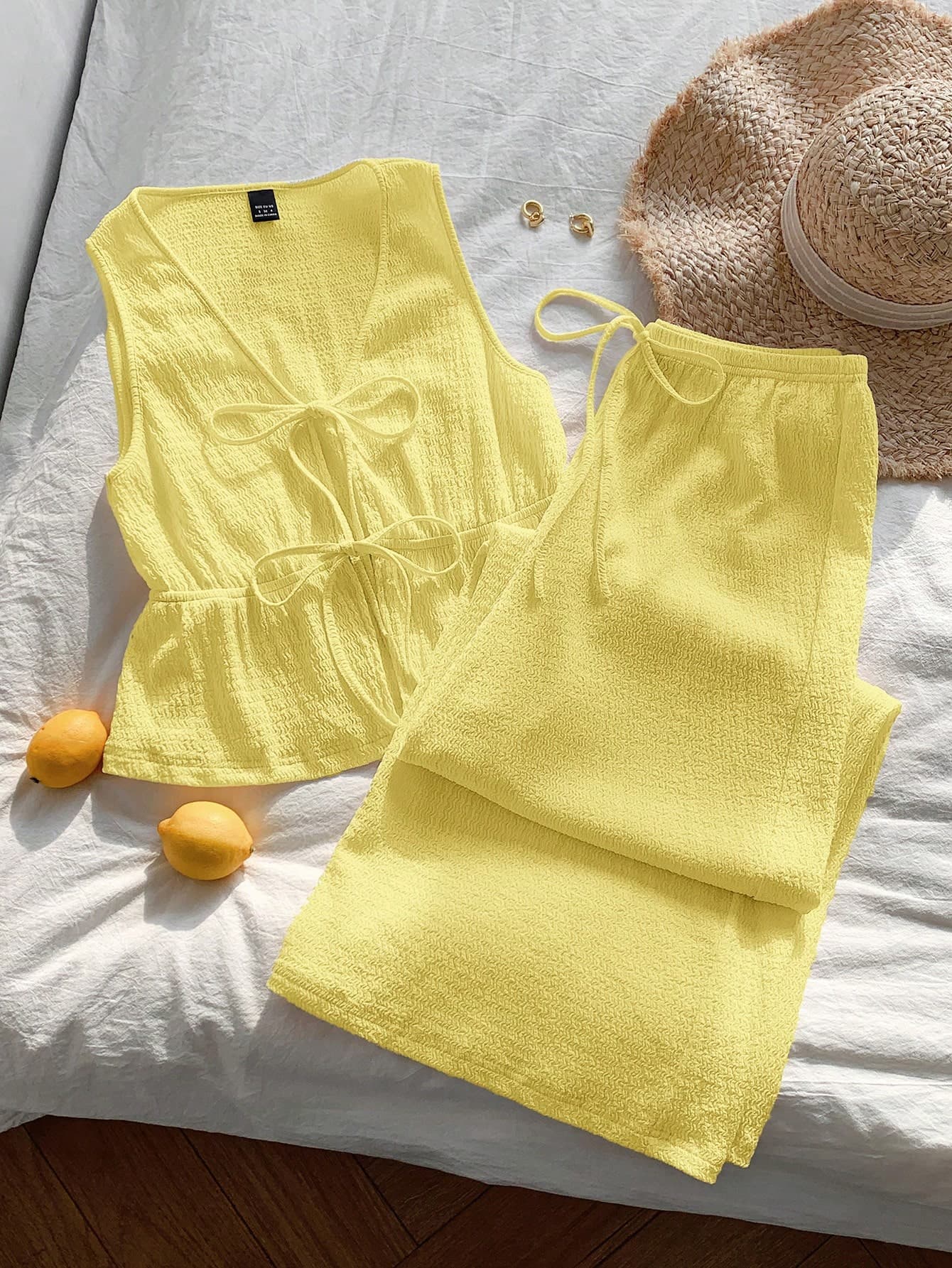 Comfortcana Casual Mustard Yellow Knitted Front Tie Sleeveless Shirt And Pants Set For Women