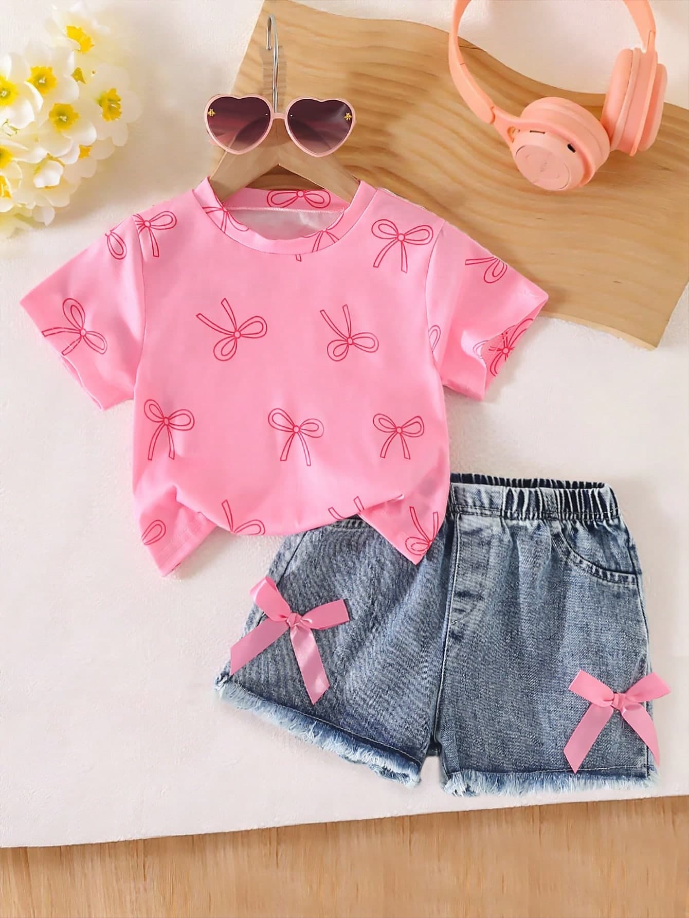 Genkimix Kids Girls Casual Sweet Round Neck Bow Print Short Sleeve Tee And Elastic Waist Bow Denim Shorts Set