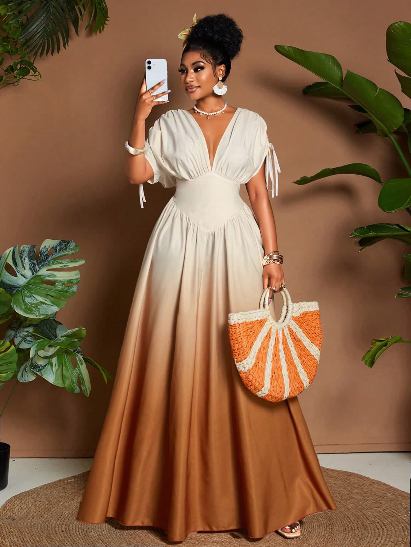 Eryvara Women Beige Summer Elegant Tropical Garden Party Holiday Vacation Holiday Ombre Print V-Neck A-Line Maxi Dress, Tie Bow Elastic Waist Boho