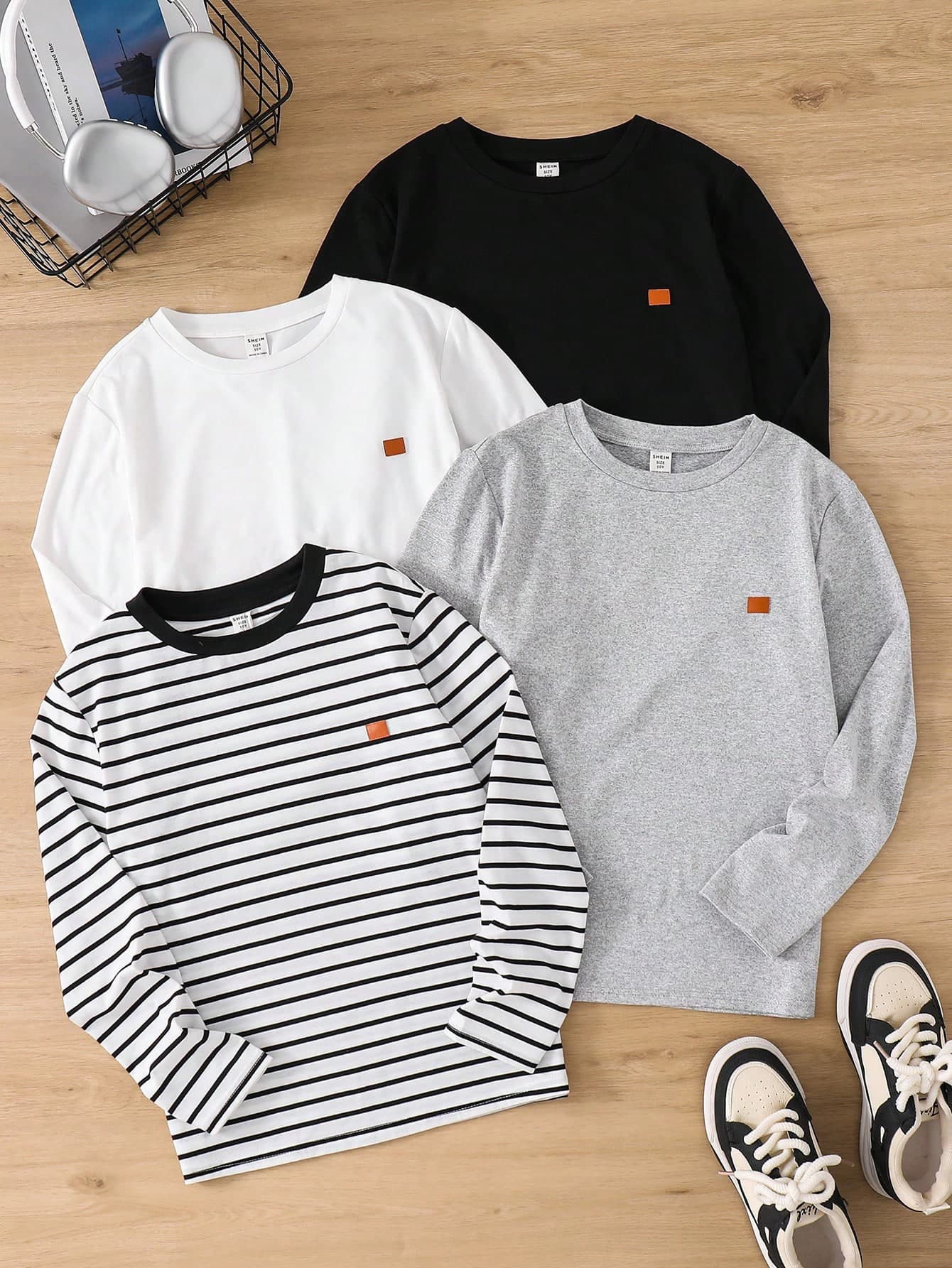 SHEIN 4pcs Tween Boy Casual Solid Color & Striped Long Sleeve T-Shirts Chic For Autumn/Winter Fall