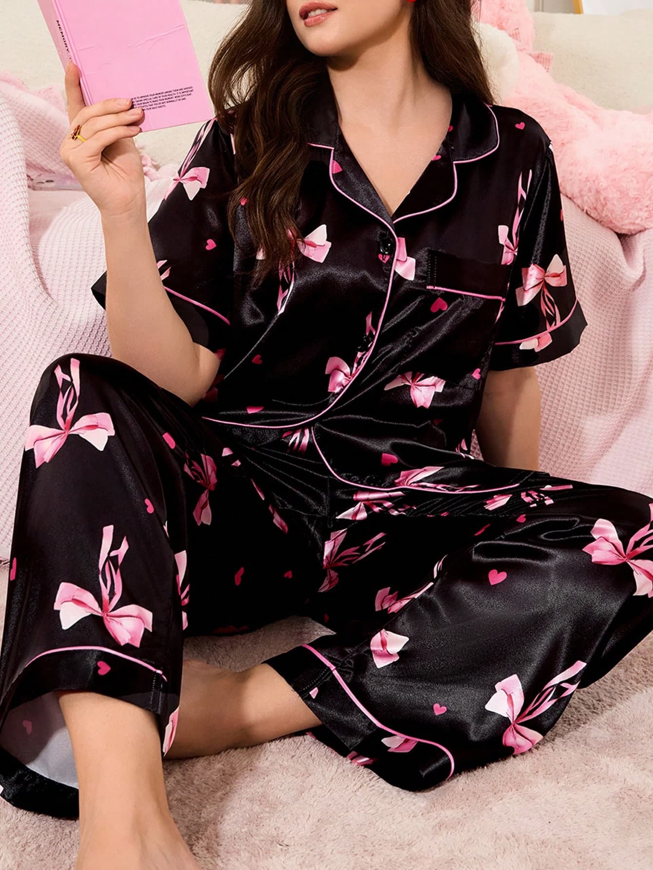 Slumberry CURVE Plus Size Women Heart & Bow Print Open Front Top & Pants Pajama Set