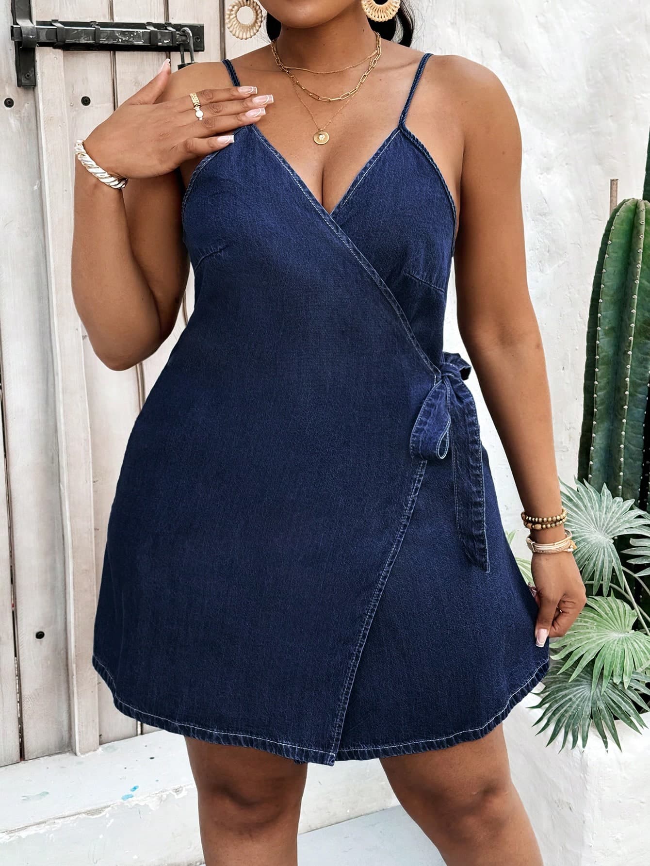 Slaydiva Plus Size Women Summer Wrap Tie Strap Denim Overall Dress Denim Dress Jean Dress Plus Size Denim Dress Curve Denim Dress Wrap Denim Dress