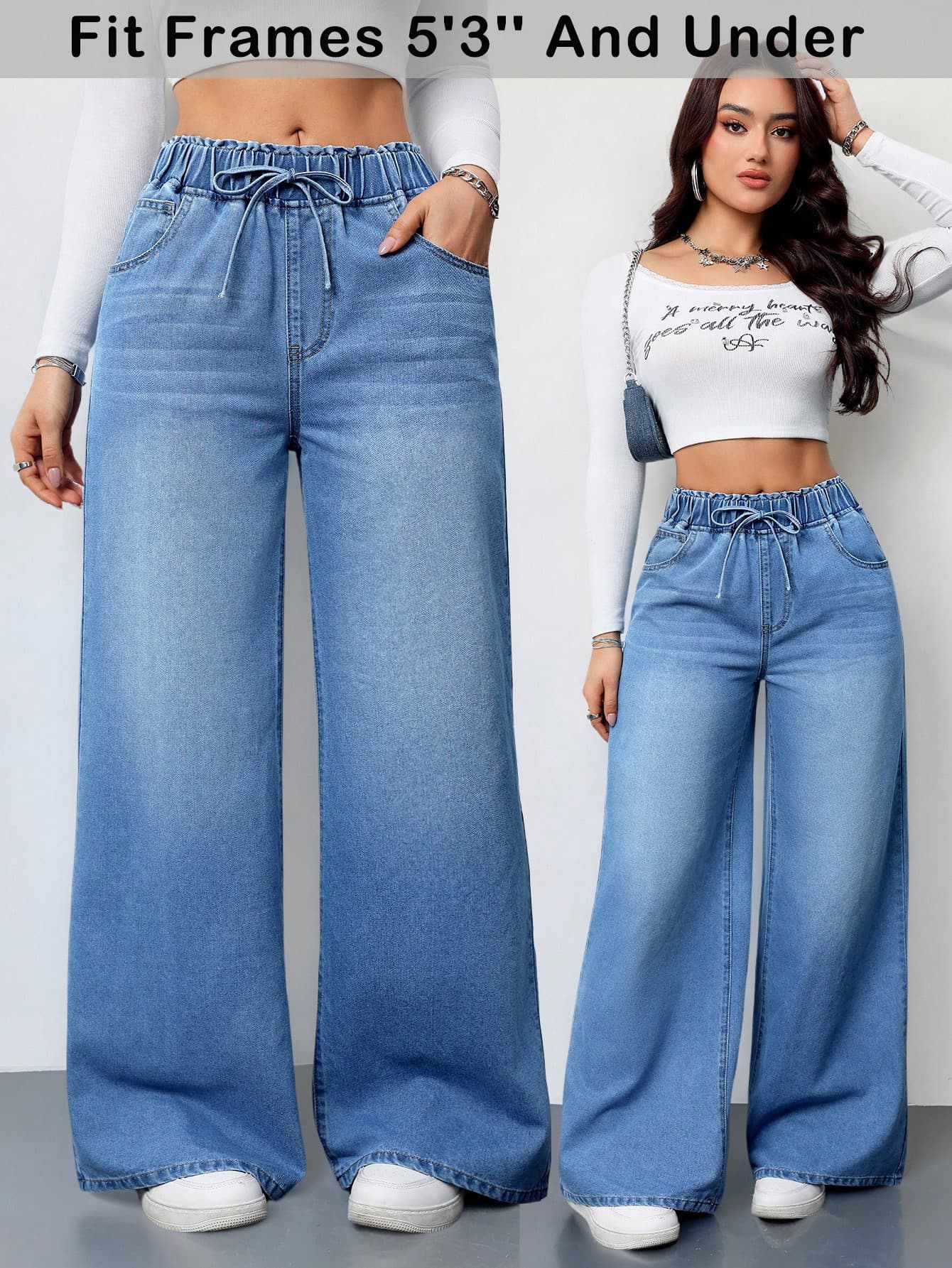 SHEIN PETITE Women's Blue Jeans Summer Wide-Leg Pants Comfortable Elastic Waist With Pockets Summer Casual Wear ,Petite Women