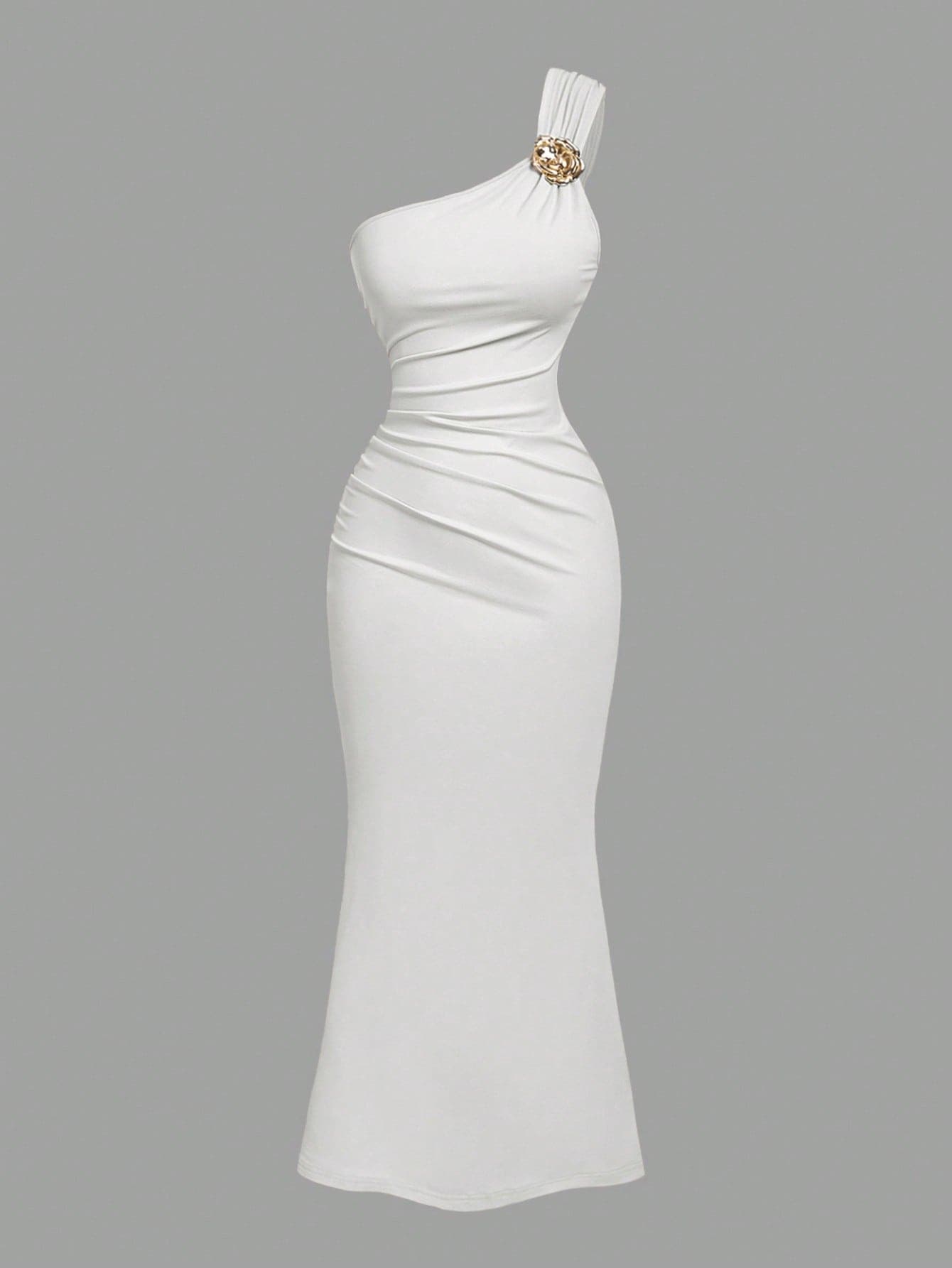 SHEIN X Hannahelzahed SHEIN MOD Women's White Brooch Decor Asymmetric Neck Ruched Fishtail Dress, Wedding Guest Dress