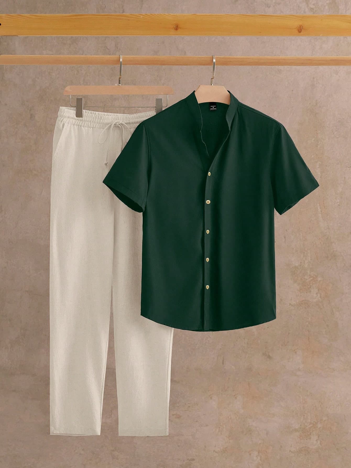 AKNOTIC Men's 2 Piece Linen Outfit,Short Sleeve Henley Shirt & Drawstring Pants Set,Summer Beach Wedding Guest Outfit,Casual Grandad Collar Breathable Suit