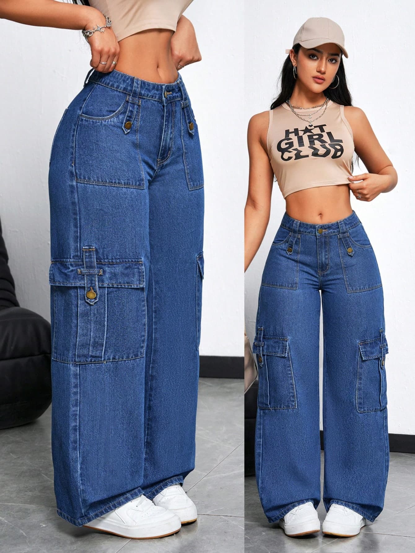 SHEIN Tall Women's Cargo Pocket Wide Leg Loose Casual Versatile Jeans, Tall Women