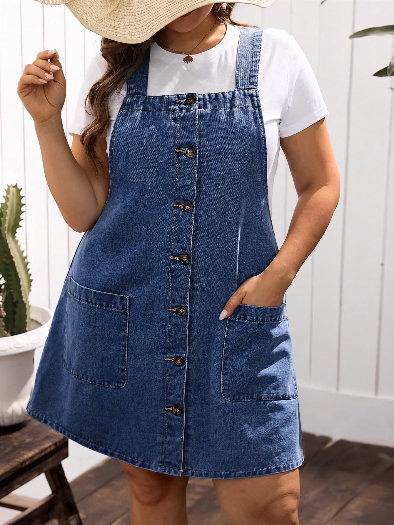 EMERY ROSE Plus Size Women Single Breasted Double Pocket Casual Denim Bib Overall Dress