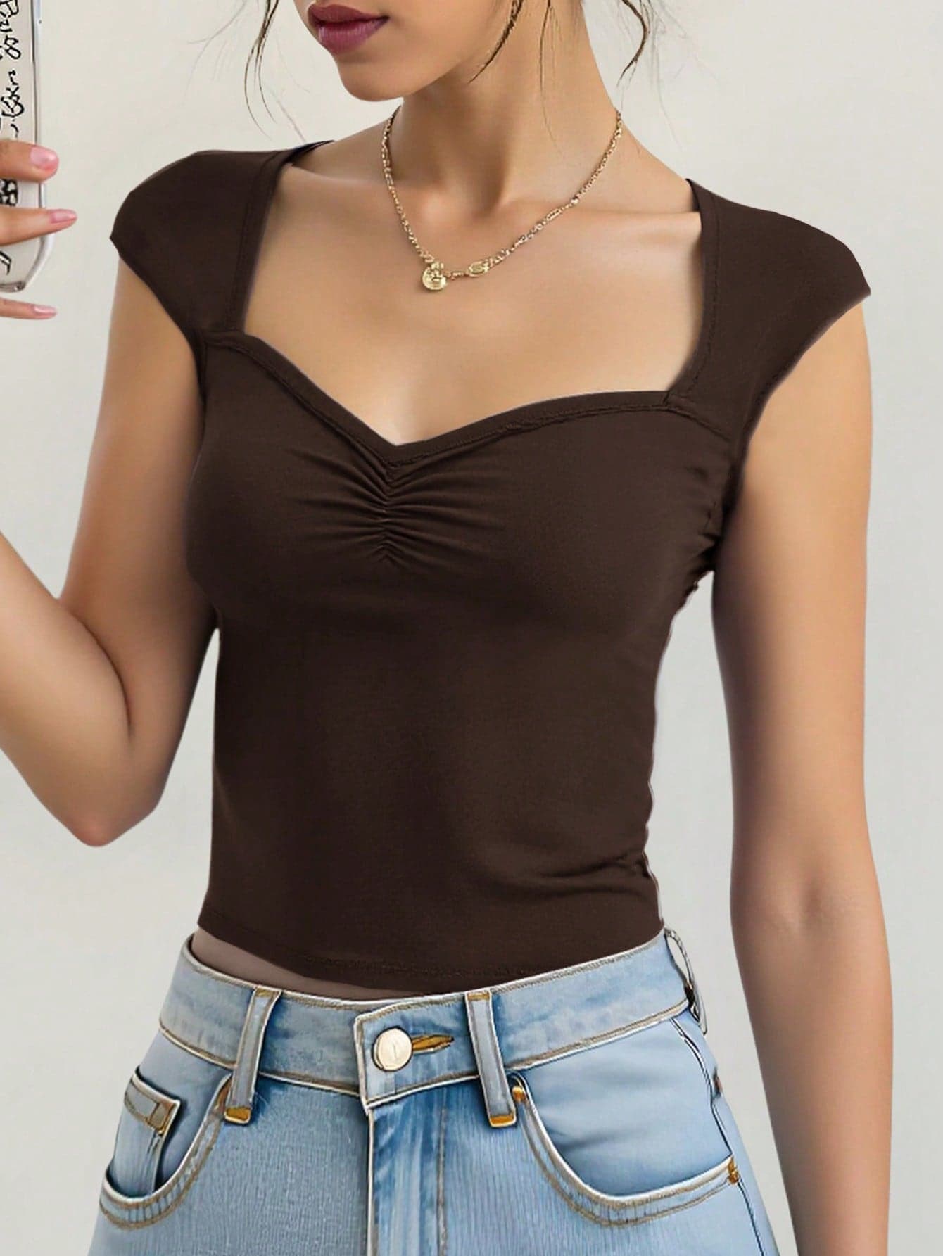 SHEIN Teen Girl Solid Color Brown Ruched Bust Summer Casual T-Shirt,Cute Holiday Back To School Family Outdoor Spring Picnic Everyday Wear Suitable Top