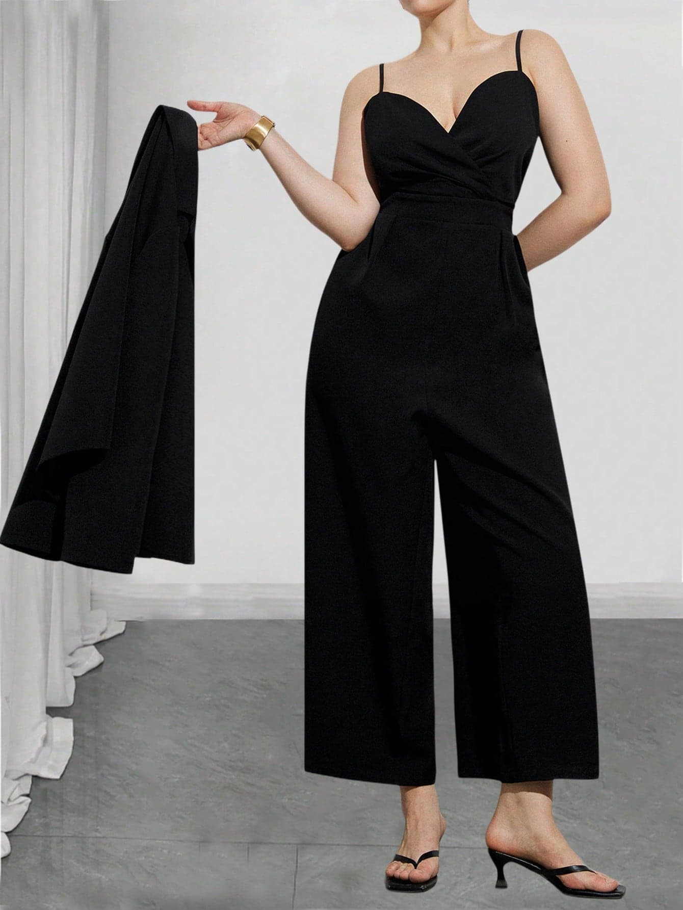 Elenzga Plus Size Women's Solid Color Lapel Neck Long Sleeve Jacket And Cami Jumpsuit 2Pcs Set