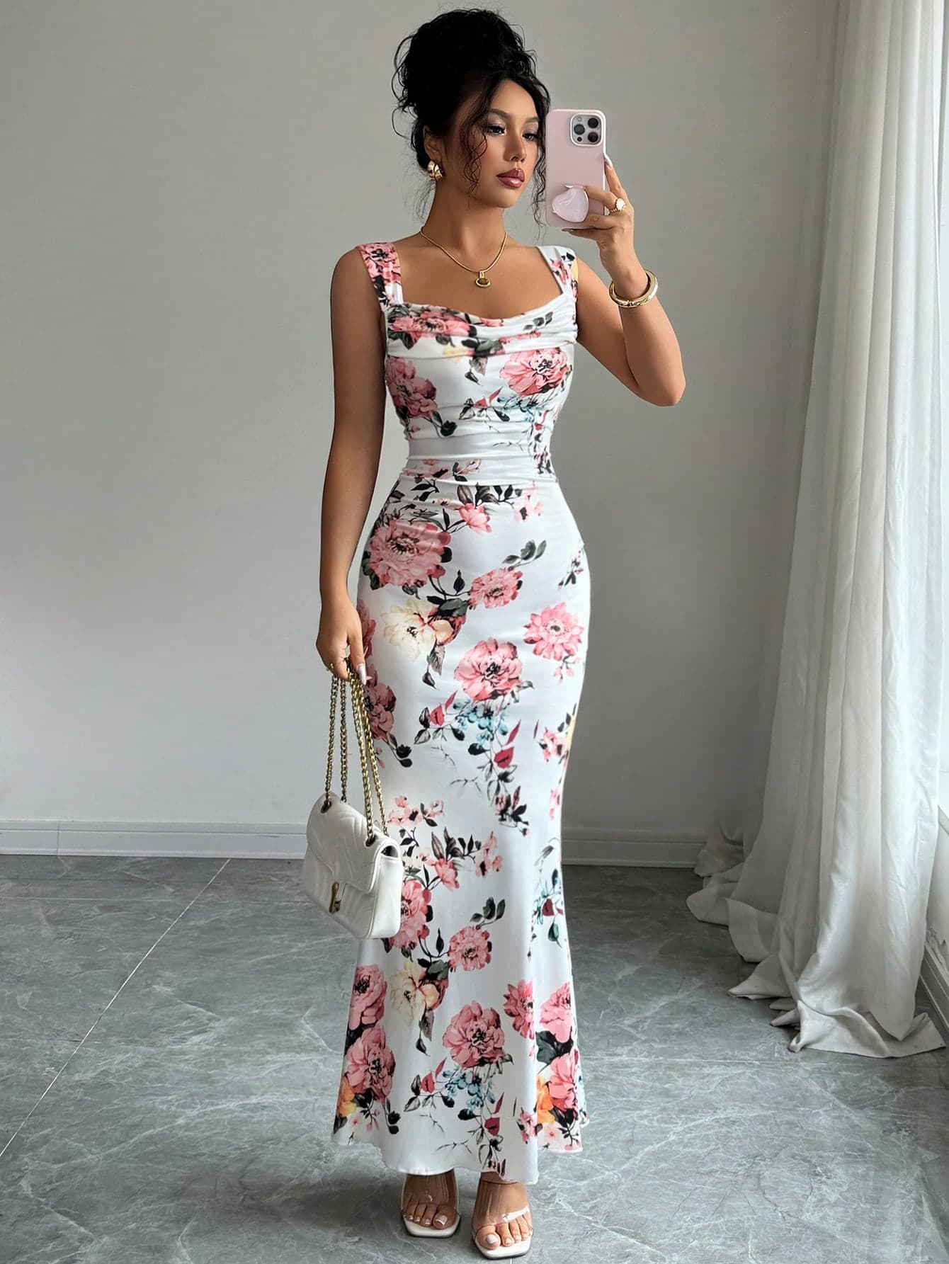 Everyssa Women's Floral Print Pleated Square Neck Sleeveless Dress