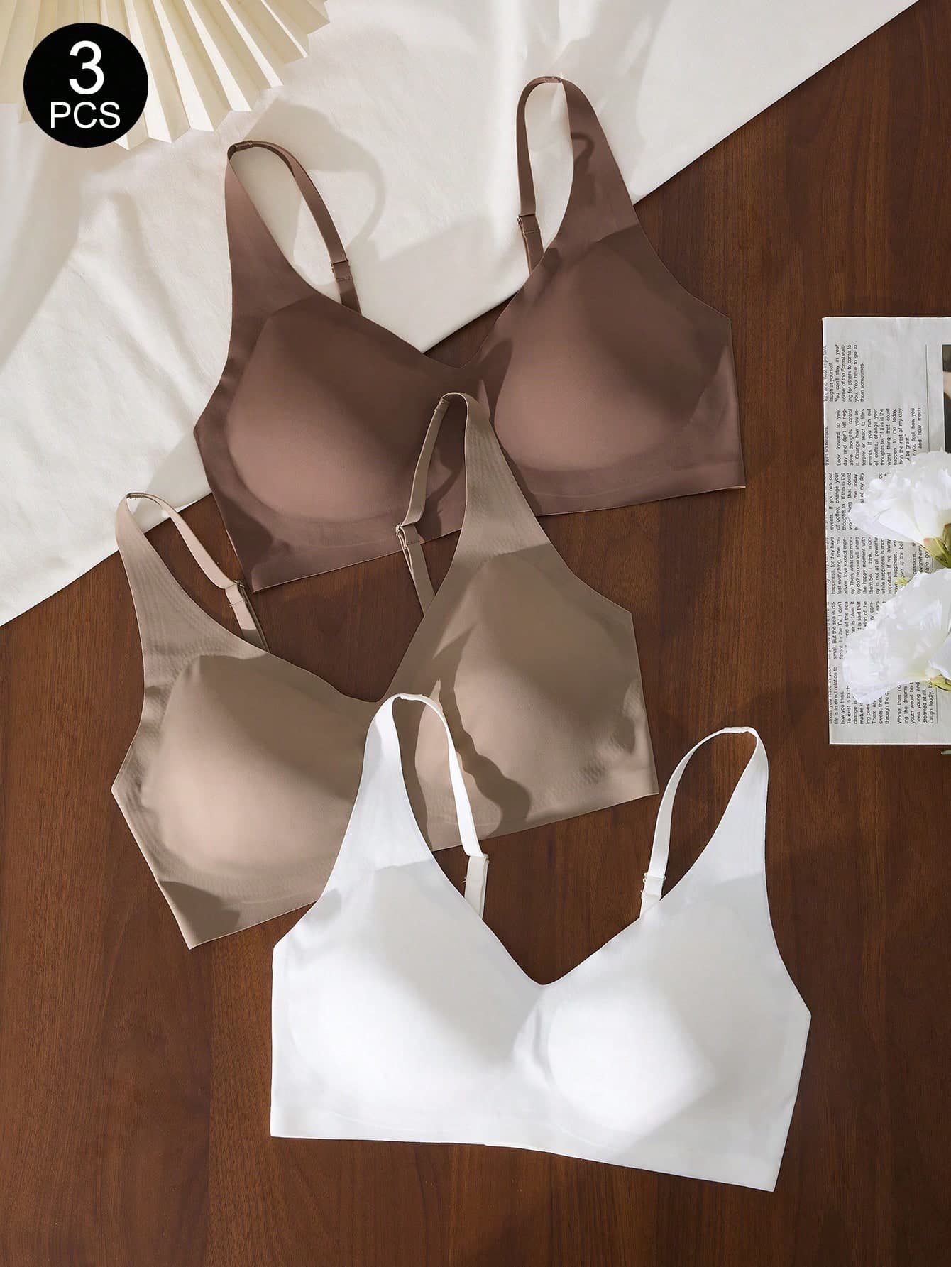 SHEIN 3pcs/Set Women Seamless Wireless Comfort Bra, Minimalist Solid Color